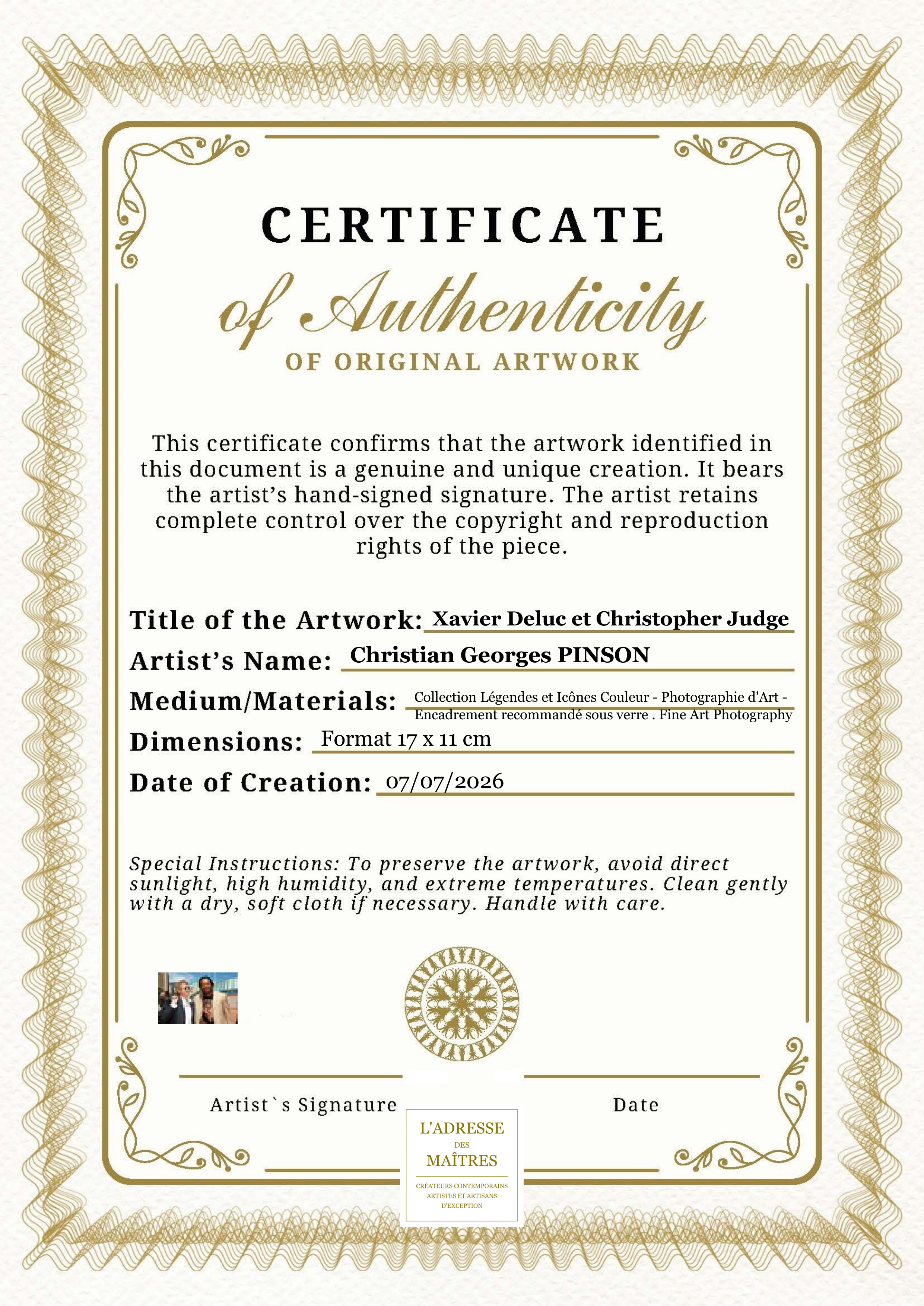 Certificat d'authenticité — Xavier Deluc et Christopher Judge — Christian Georges PINSON