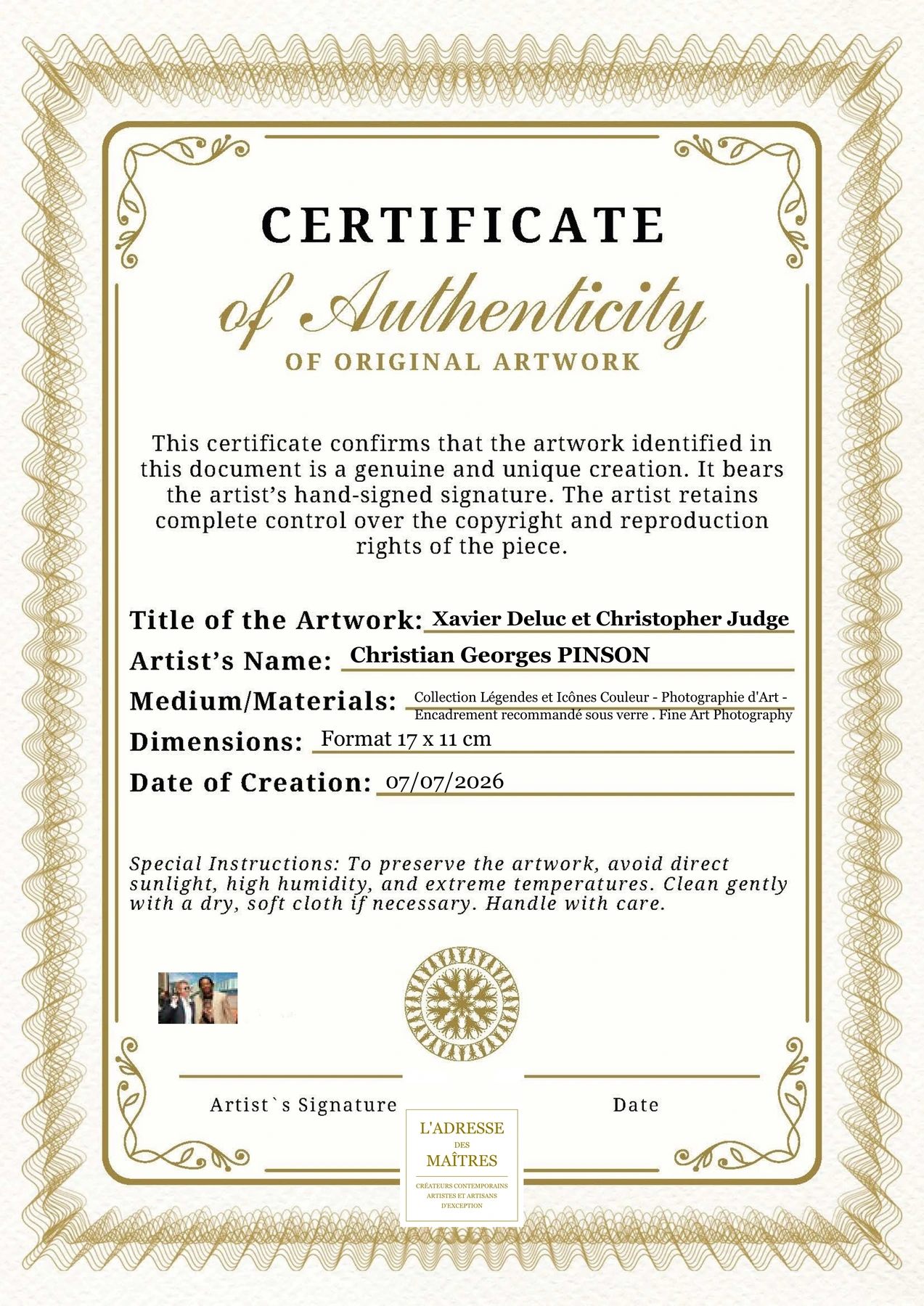 Certificat d'authenticité - Xavier Deluc et Christopher Judge - Christian Georges PINSON