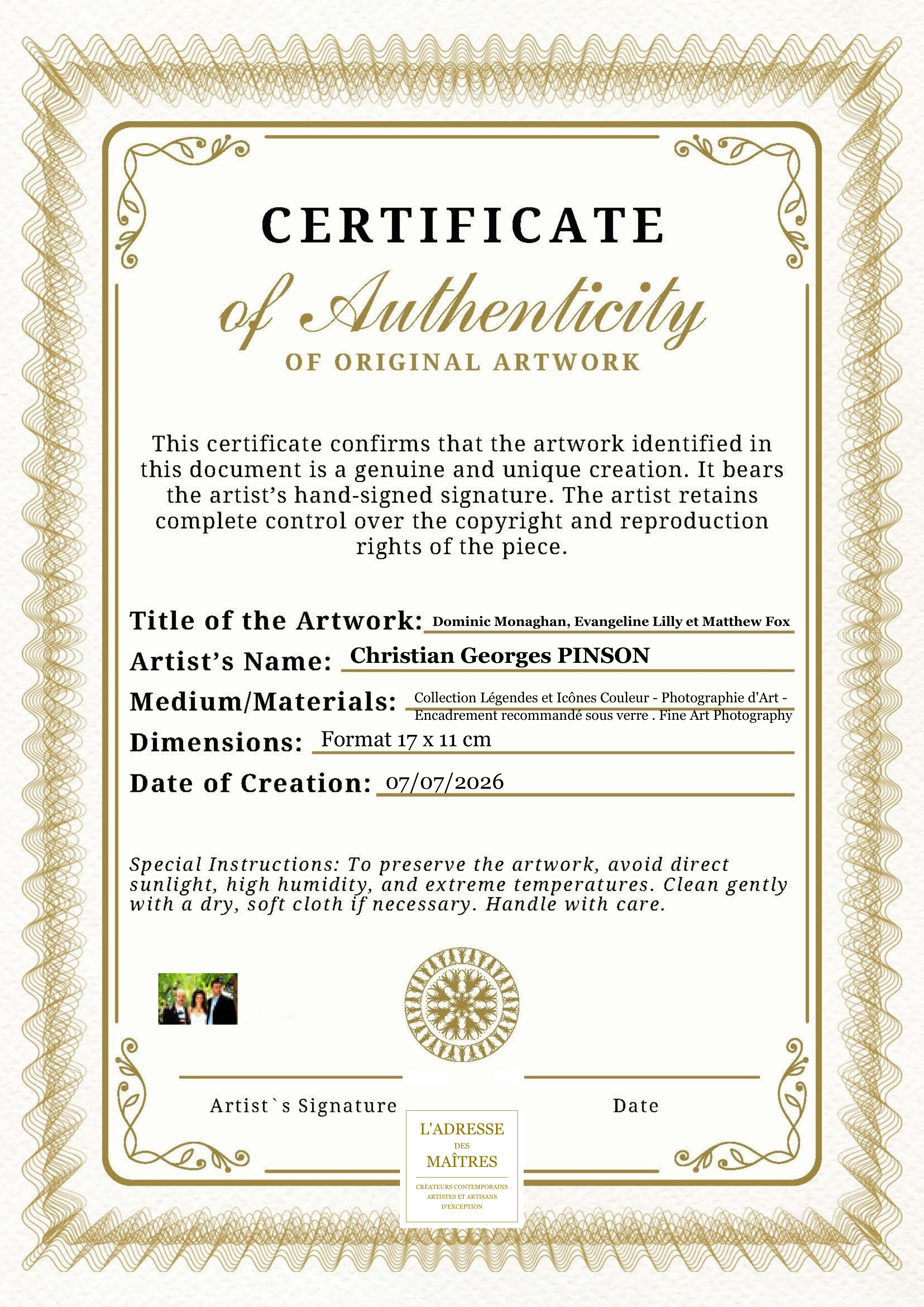 Certificat d'authenticité — Dominic Monaghan, Evangeline Lilly et Matthew Fox — Christian Georges PINSON