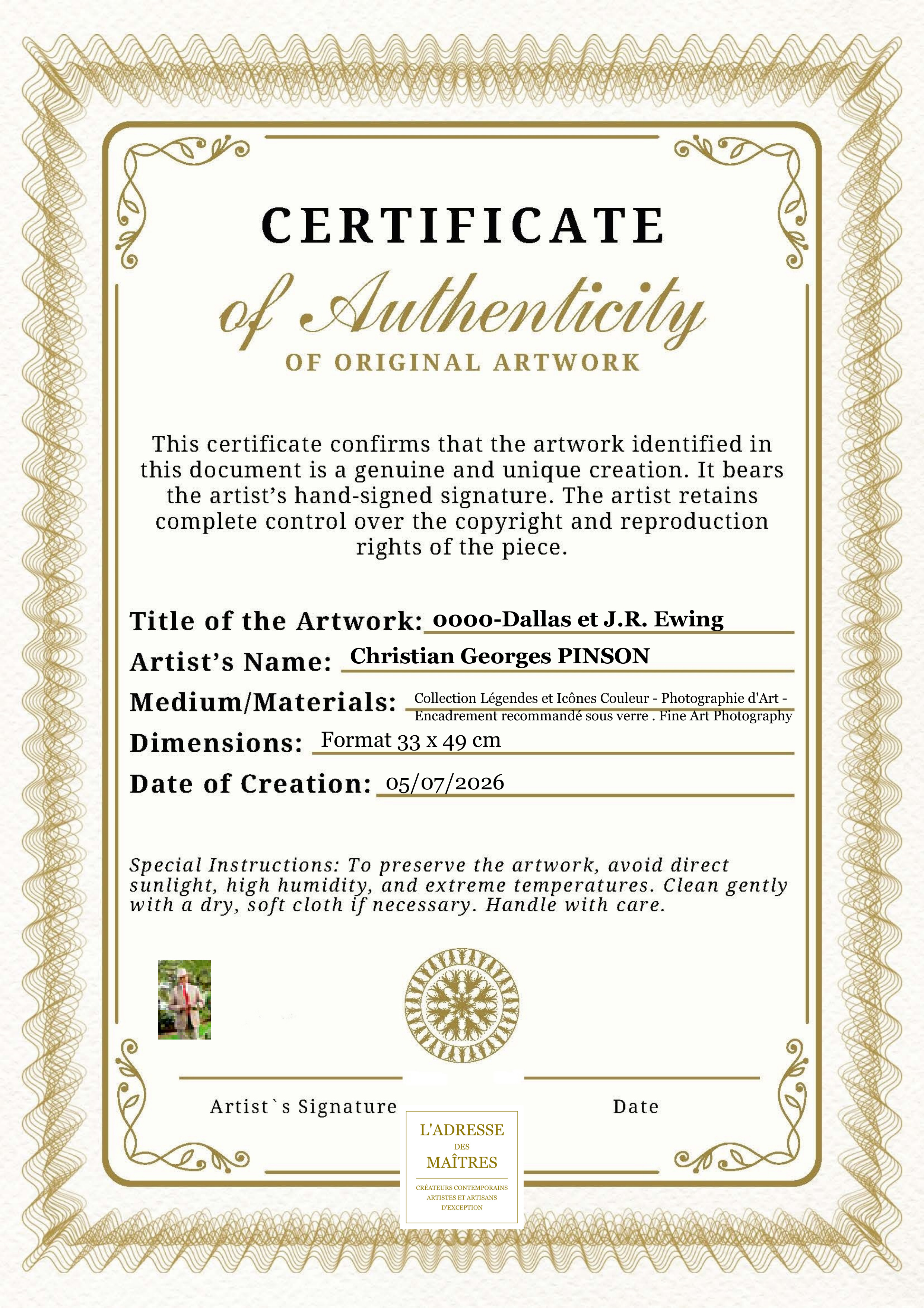 Certificat d'authenticité — 0000-Dallas et J.R. Ewing — Christian Georges PINSON