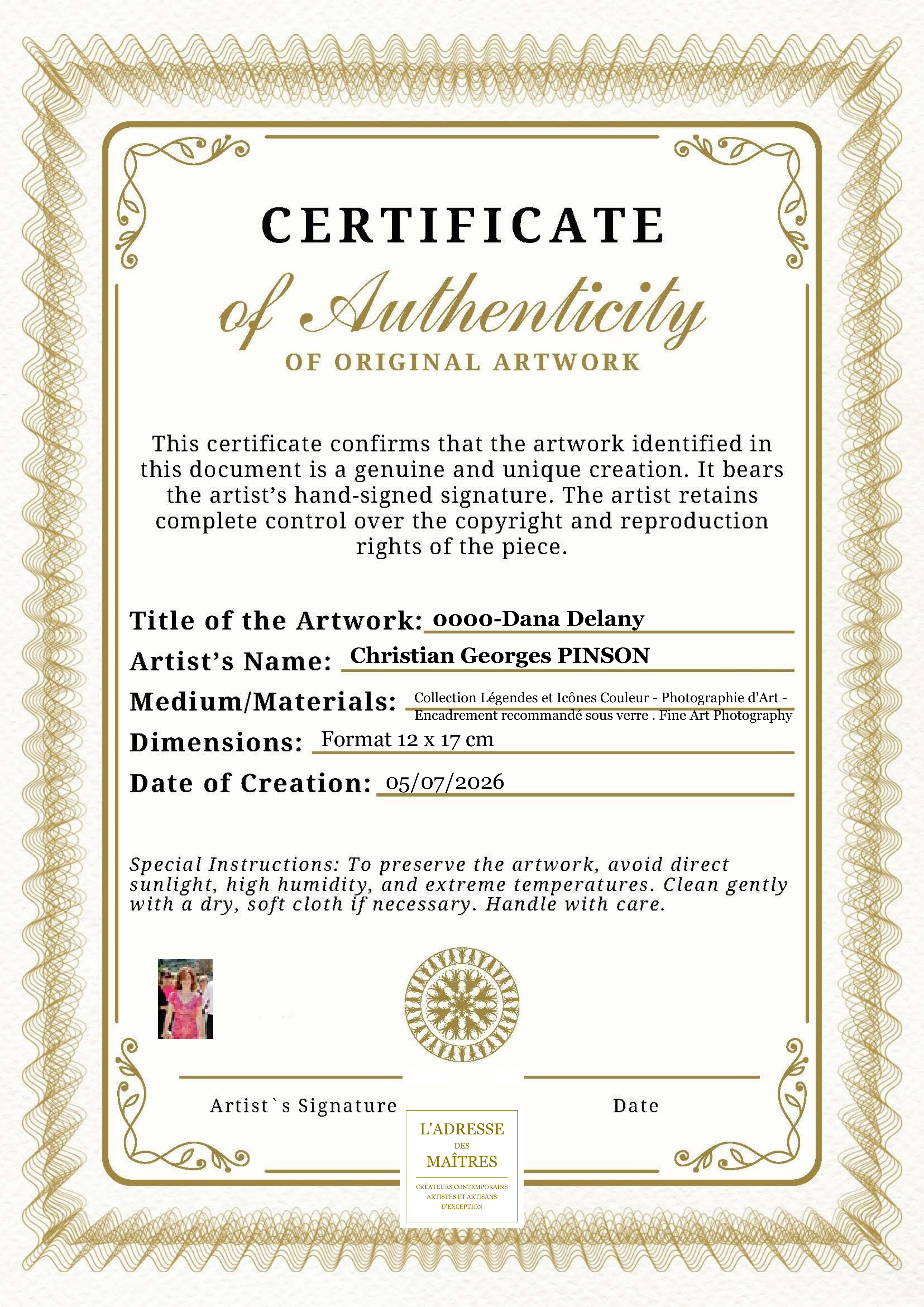 Certificat d'authenticité — 0000-Dana Delany — Christian Georges PINSON