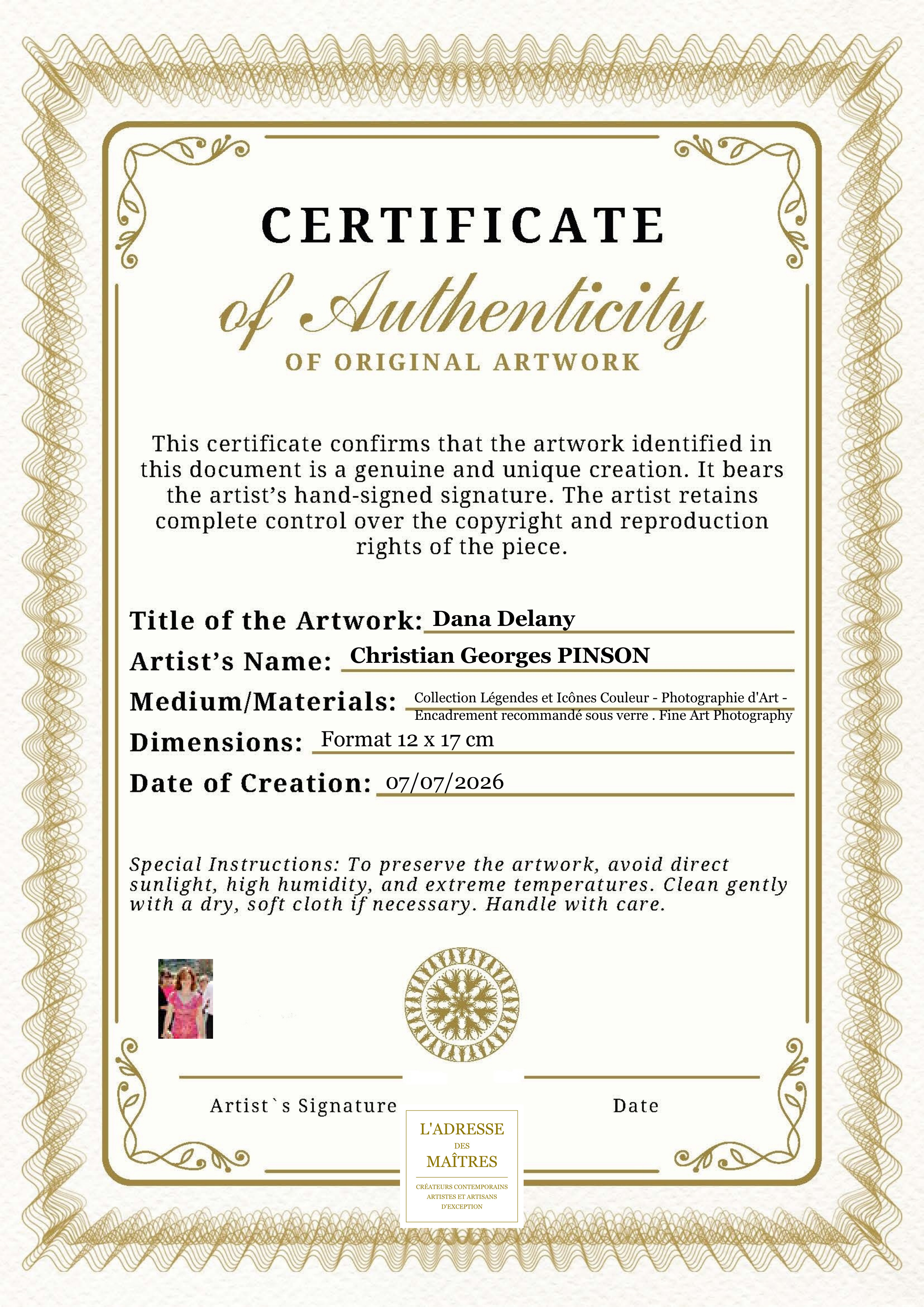 Certificat d'authenticité — Dana Delany — Christian Georges PINSON