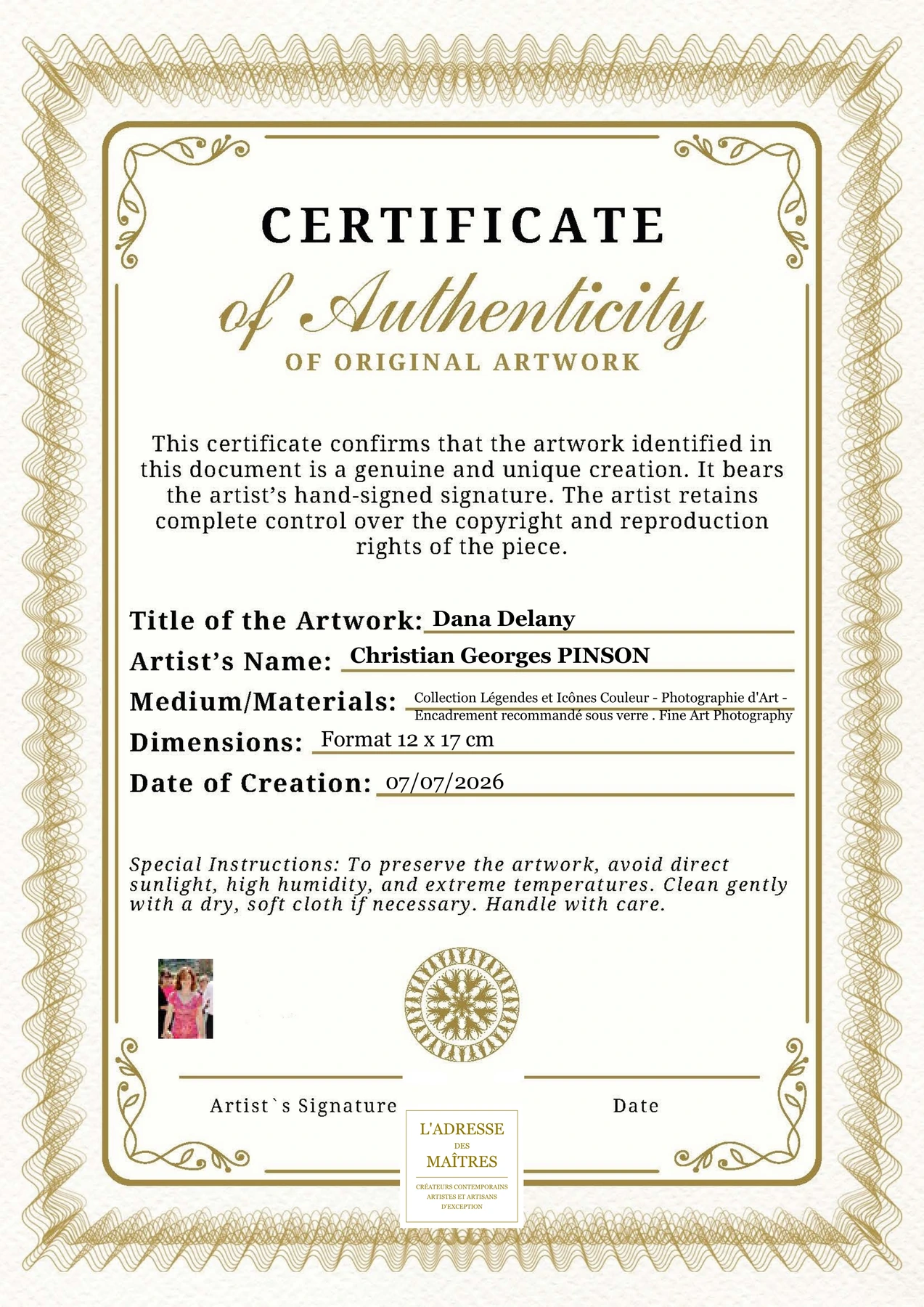 Certificat d'authenticité - Dana Delany - Christian Georges PINSON