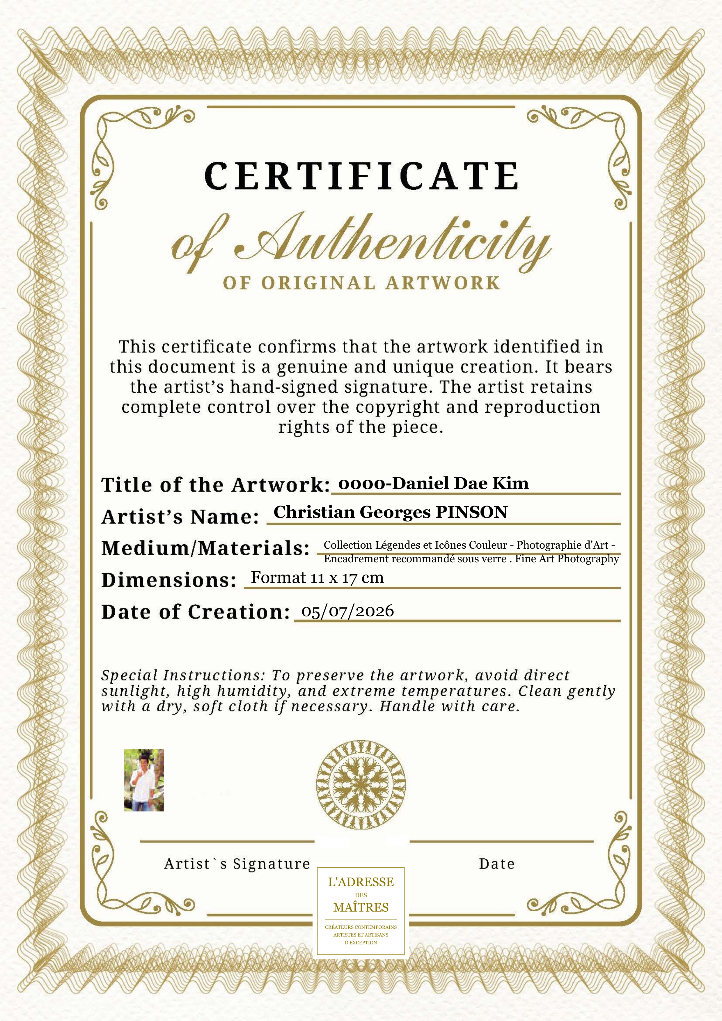 Certificat d'authenticité — 0000-Daniel Dae Kim — Christian Georges PINSON