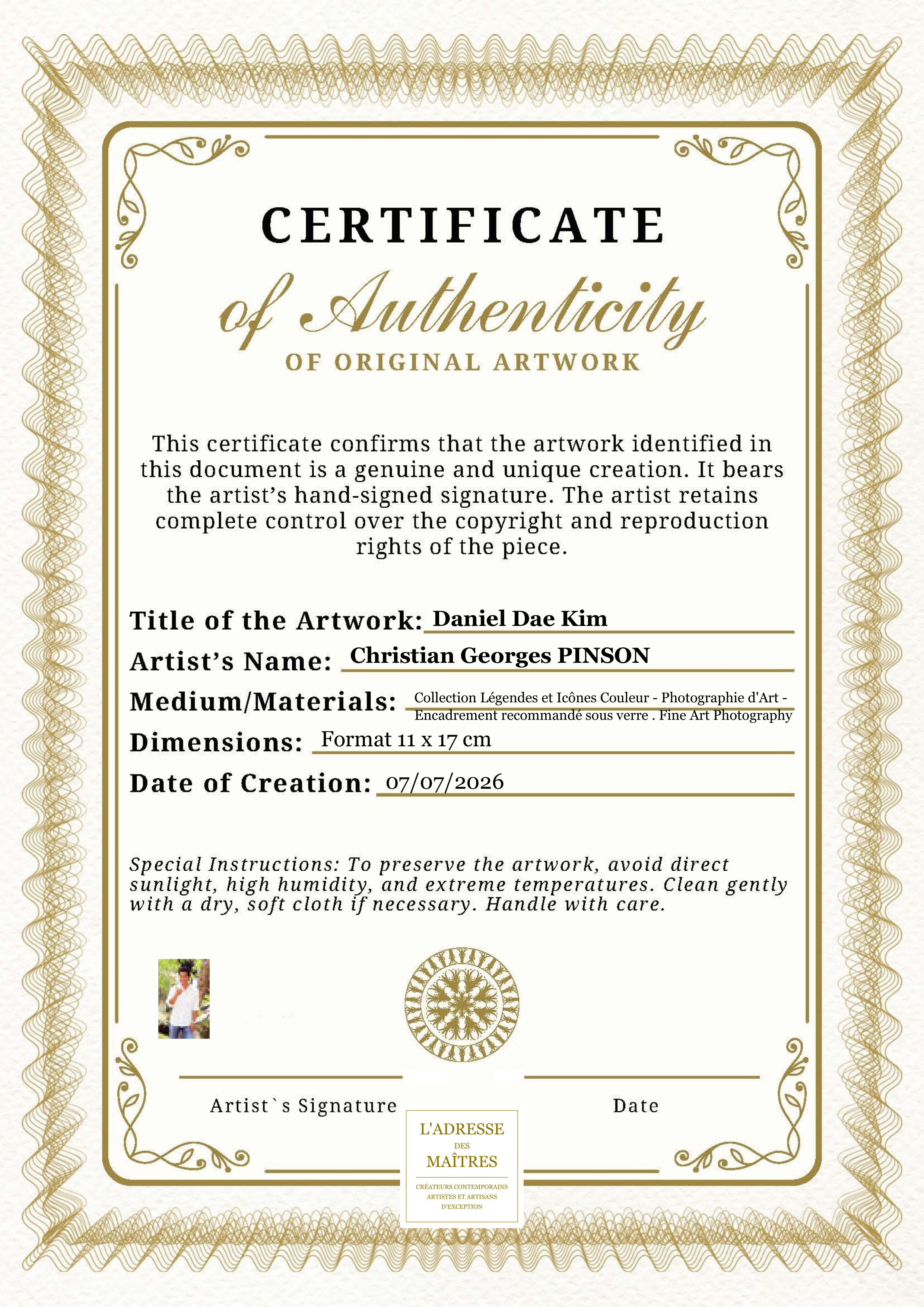 Certificat d'authenticité — Daniel Dae Kim — Christian Georges PINSON