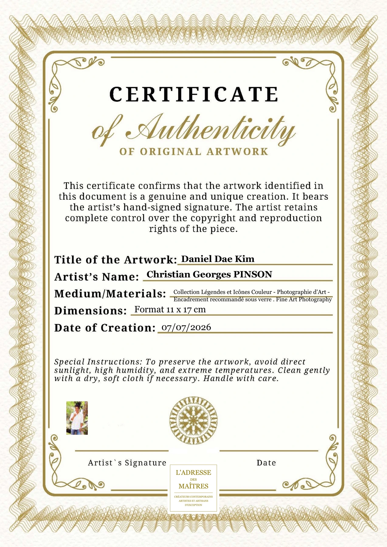 Certificat d'authenticité - Daniel Dae Kim - Christian Georges PINSON