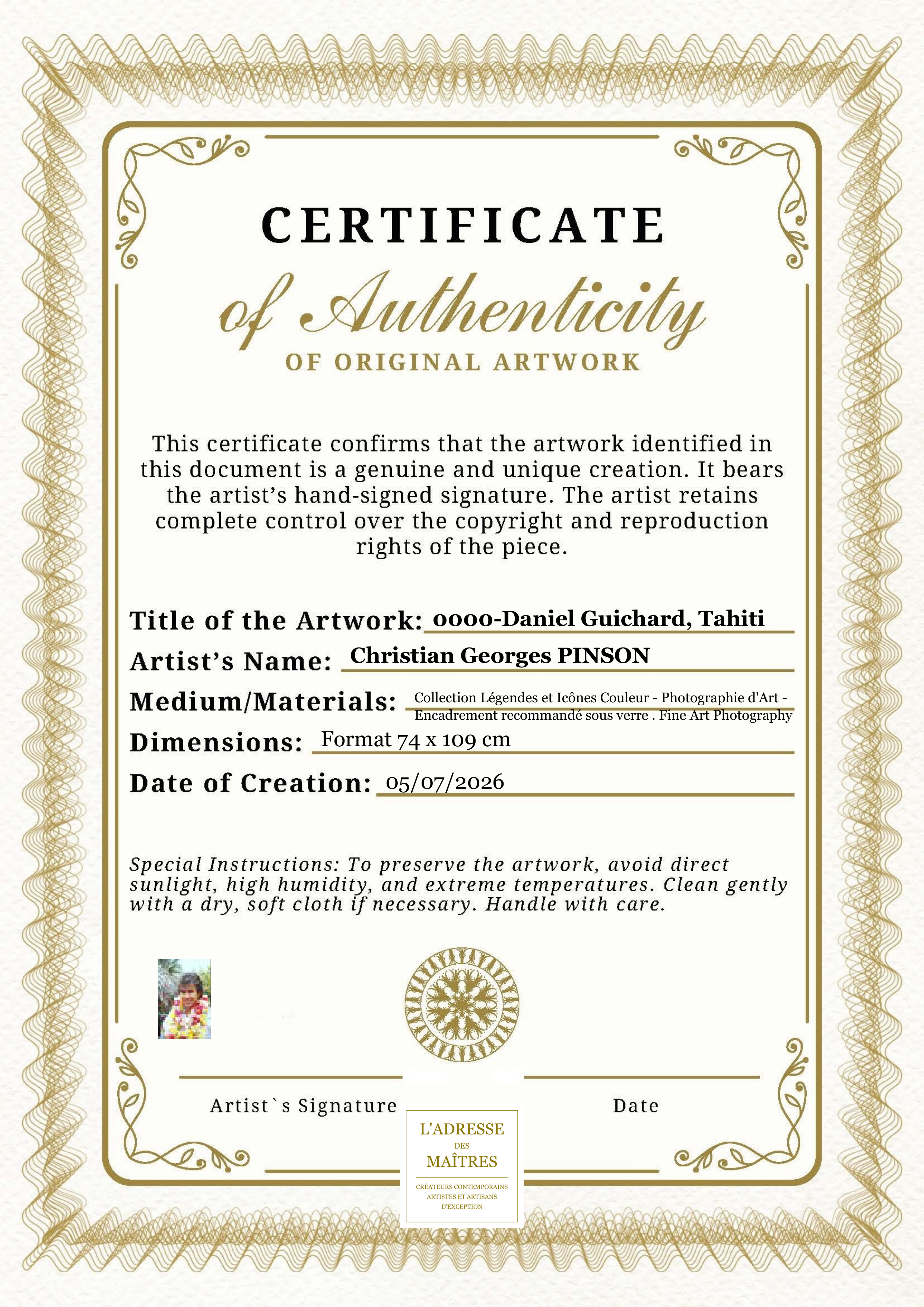 Certificat d'authenticité — 0000-Daniel Guichard, Tahiti — Christian Georges PINSON