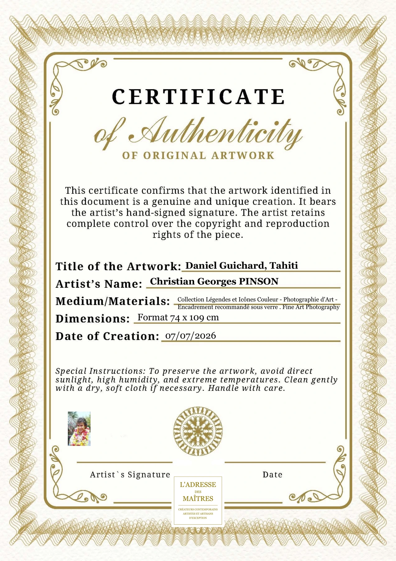 Certificat d'authenticité - Daniel Guichard, Tahiti - Christian Georges PINSON