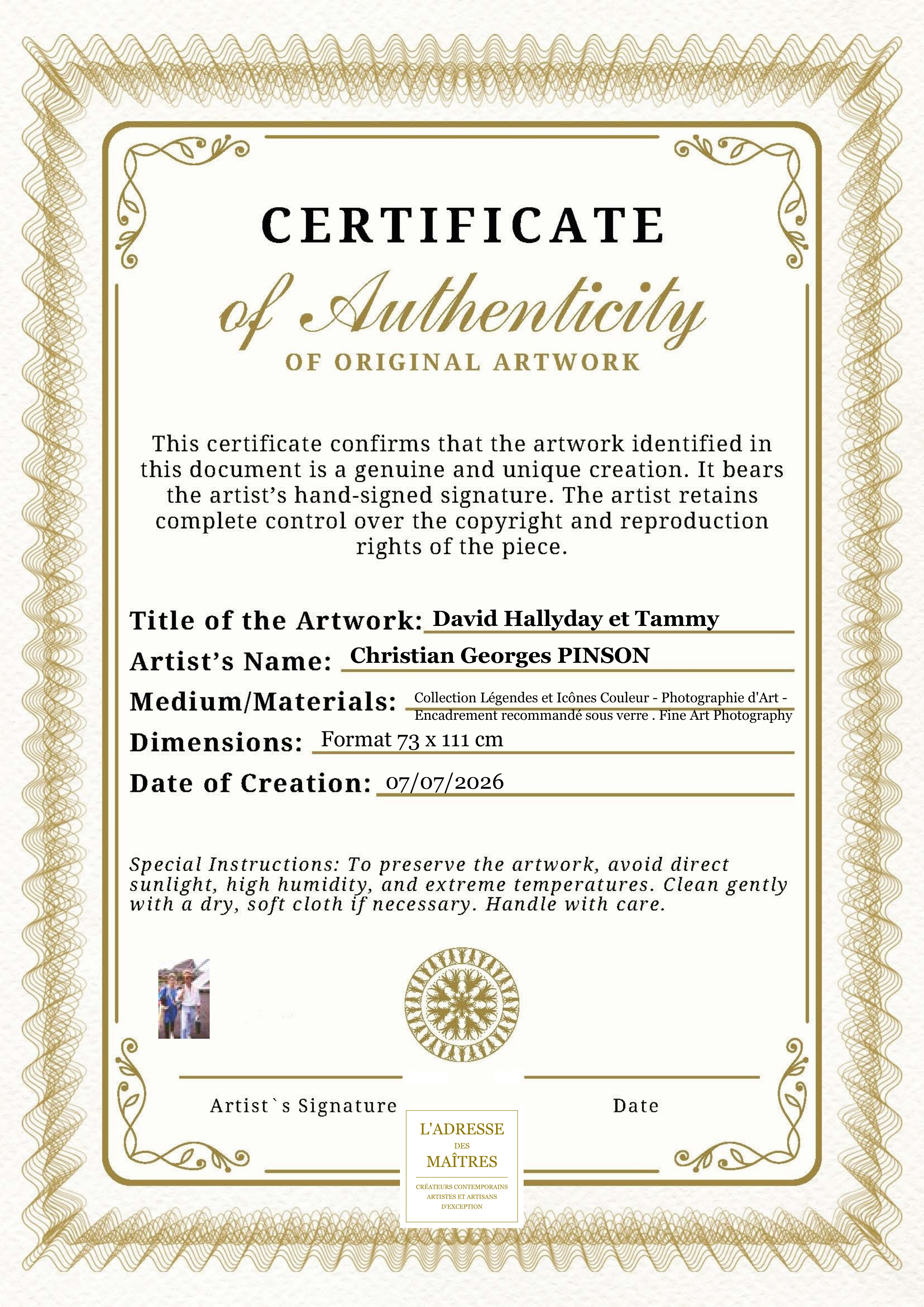 Certificat d'authenticité — David Hallyday et Tammy — Christian Georges PINSON