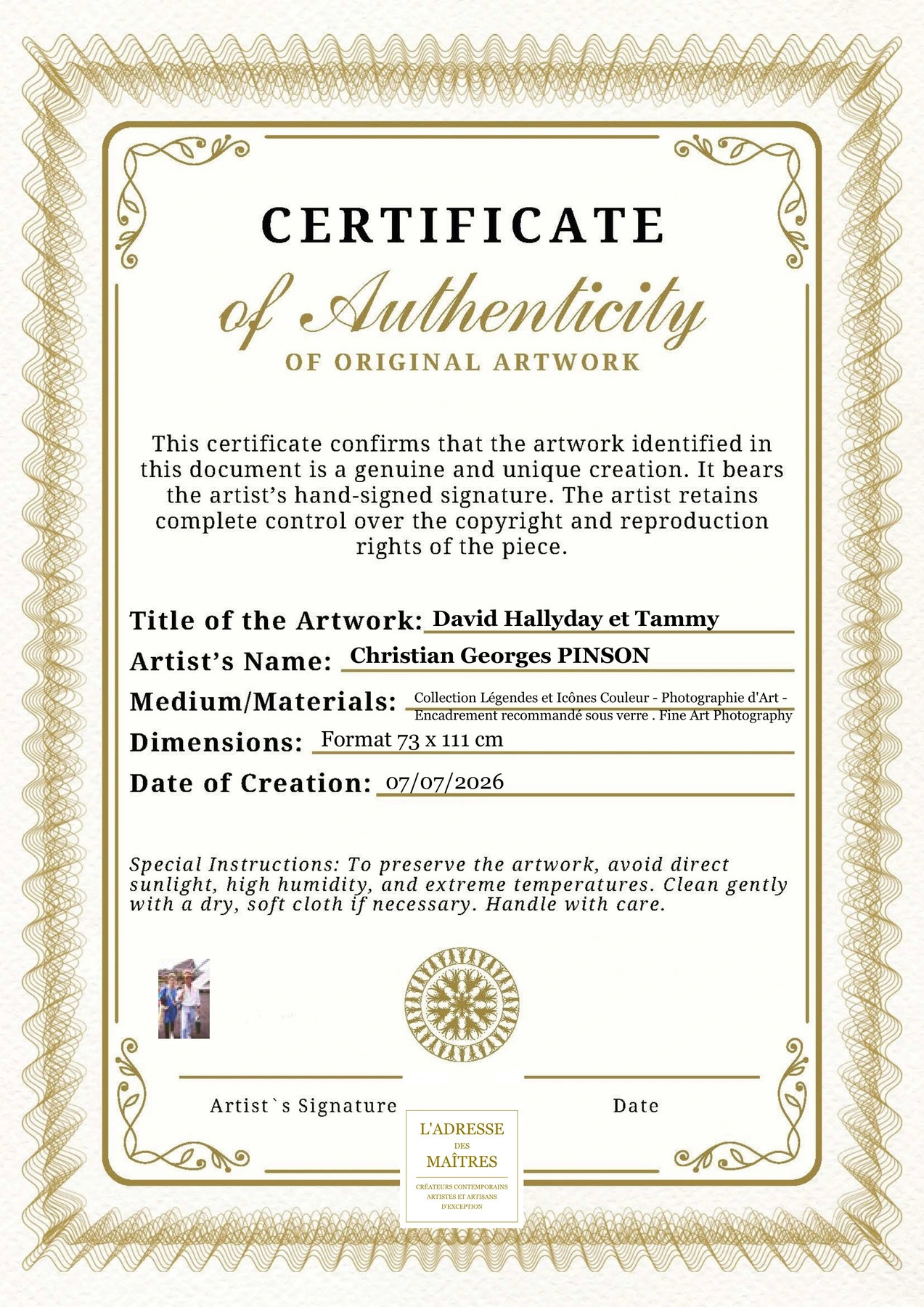 Certificat d'authenticité - David Hallyday et Tammy - Christian Georges PINSON