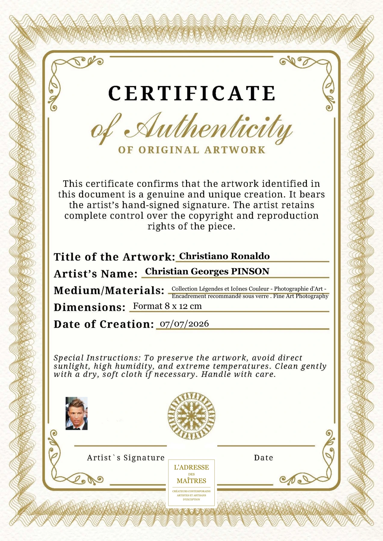 Certificat d'authenticité - Christiano Ronaldo - Christian Georges PINSON
