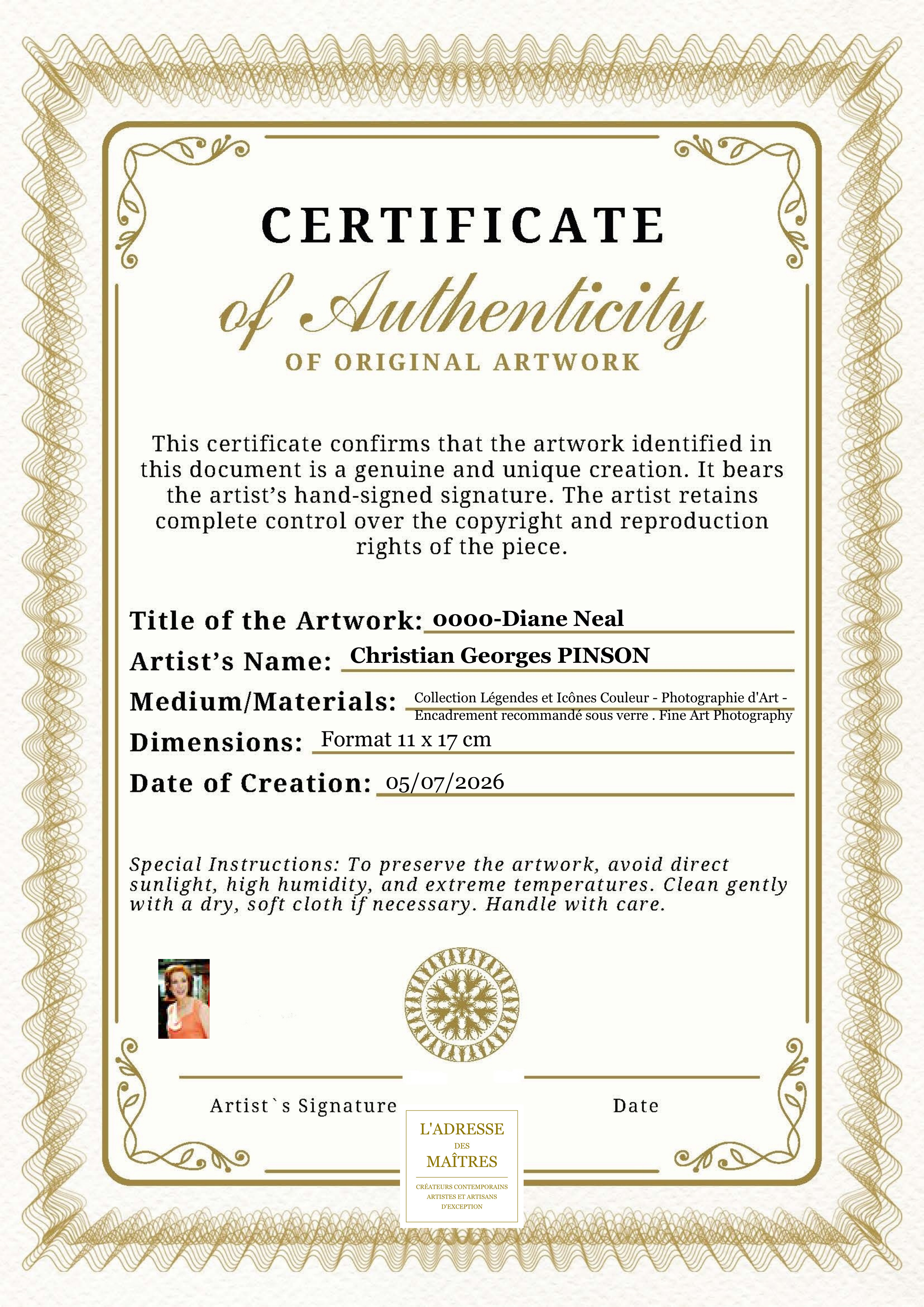 Certificat d'authenticité — 0000-Diane Neal — Christian Georges PINSON
