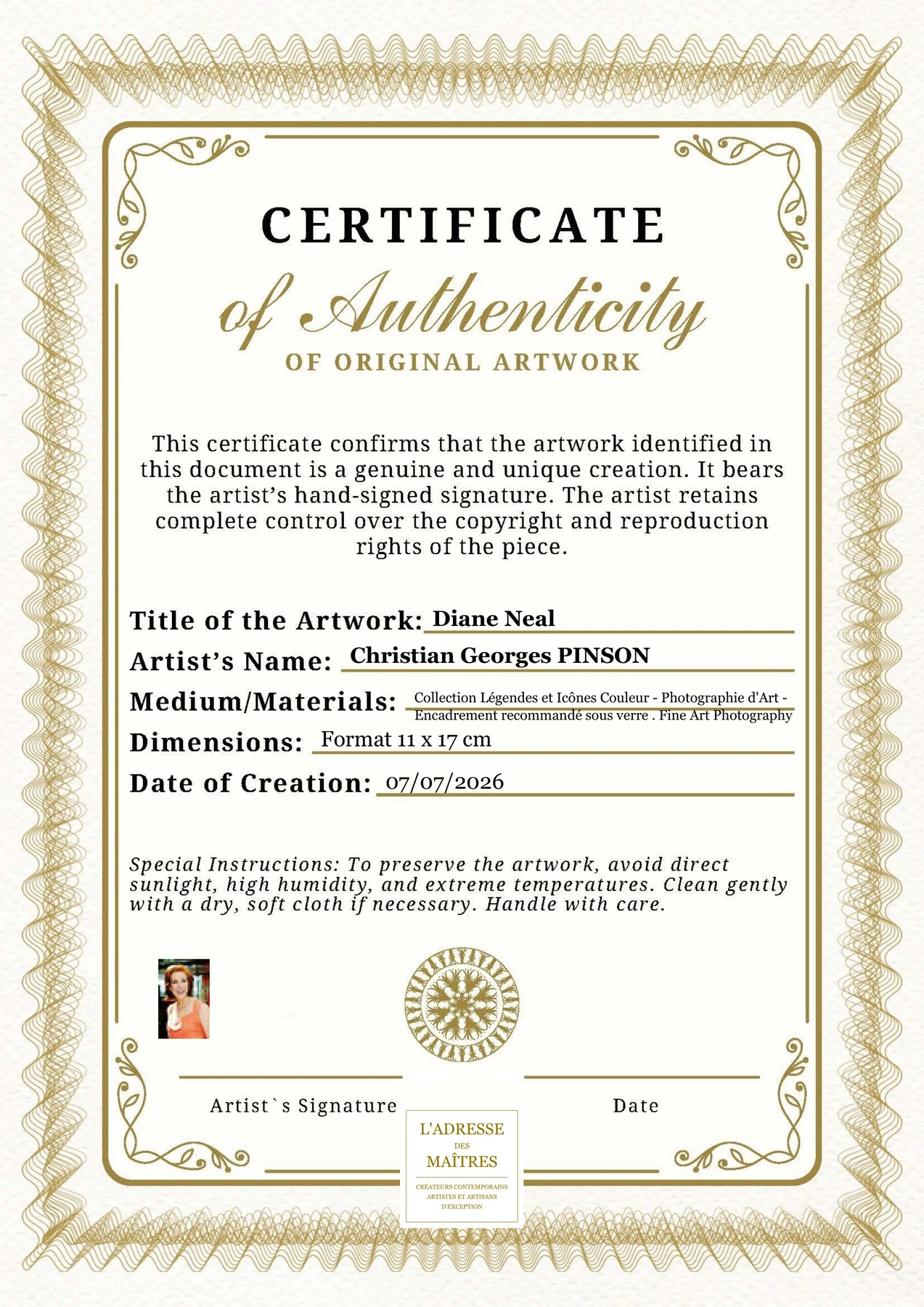 Certificat d'authenticité - Diane Neal - Christian Georges PINSON