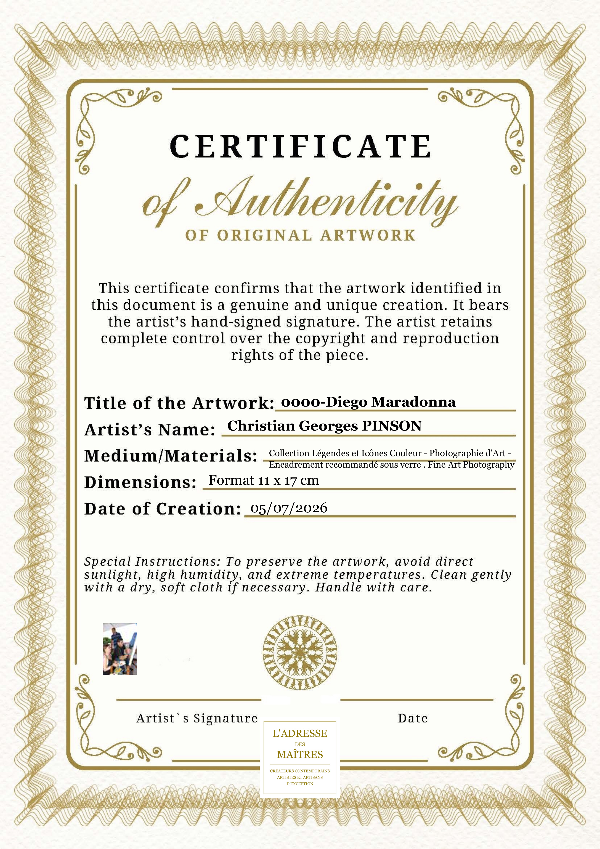 Certificat d'authenticité — 0000-Diego Maradonna — Christian Georges PINSON