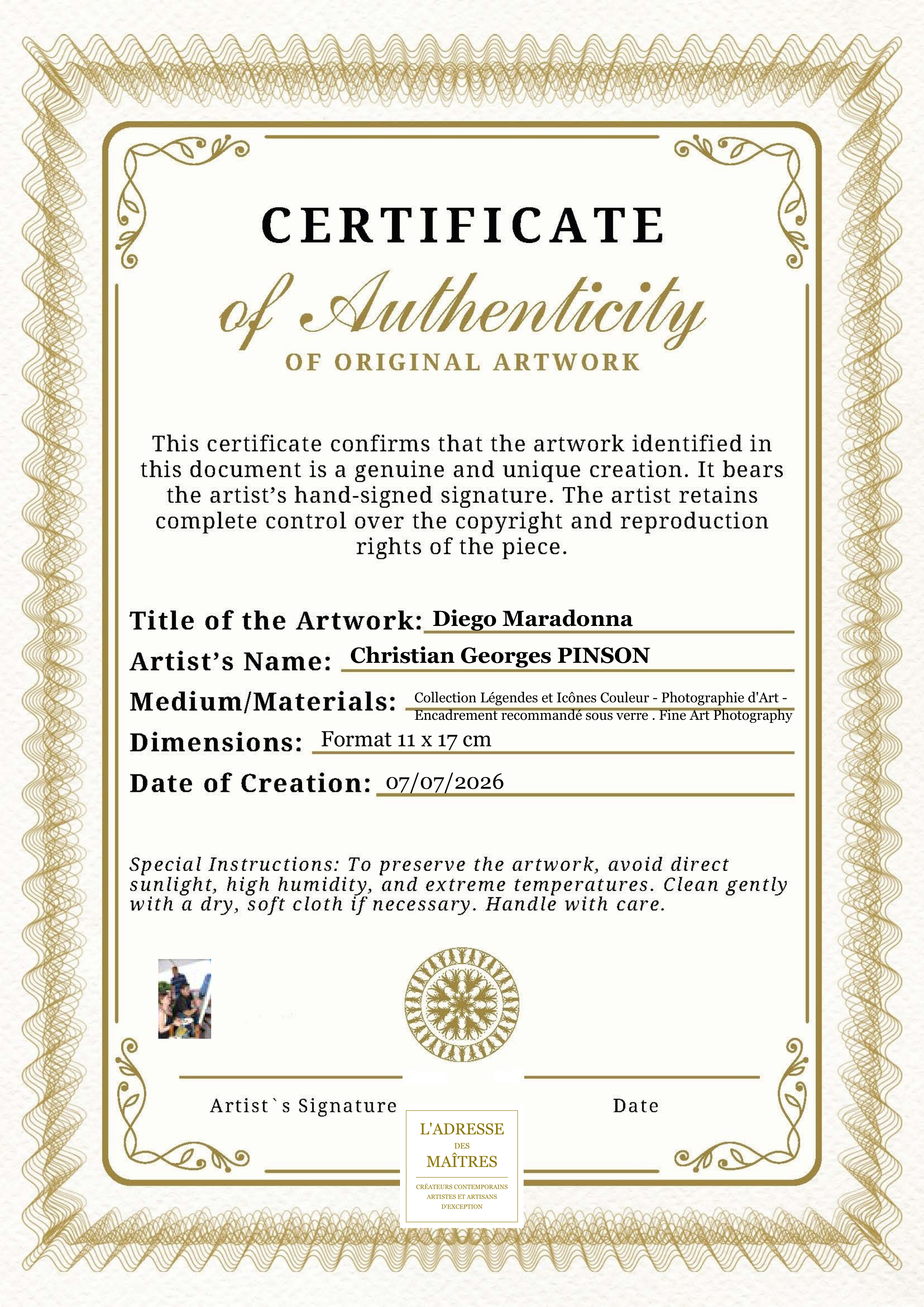 Certificat d'authenticité — Diego Maradonna — Christian Georges PINSON