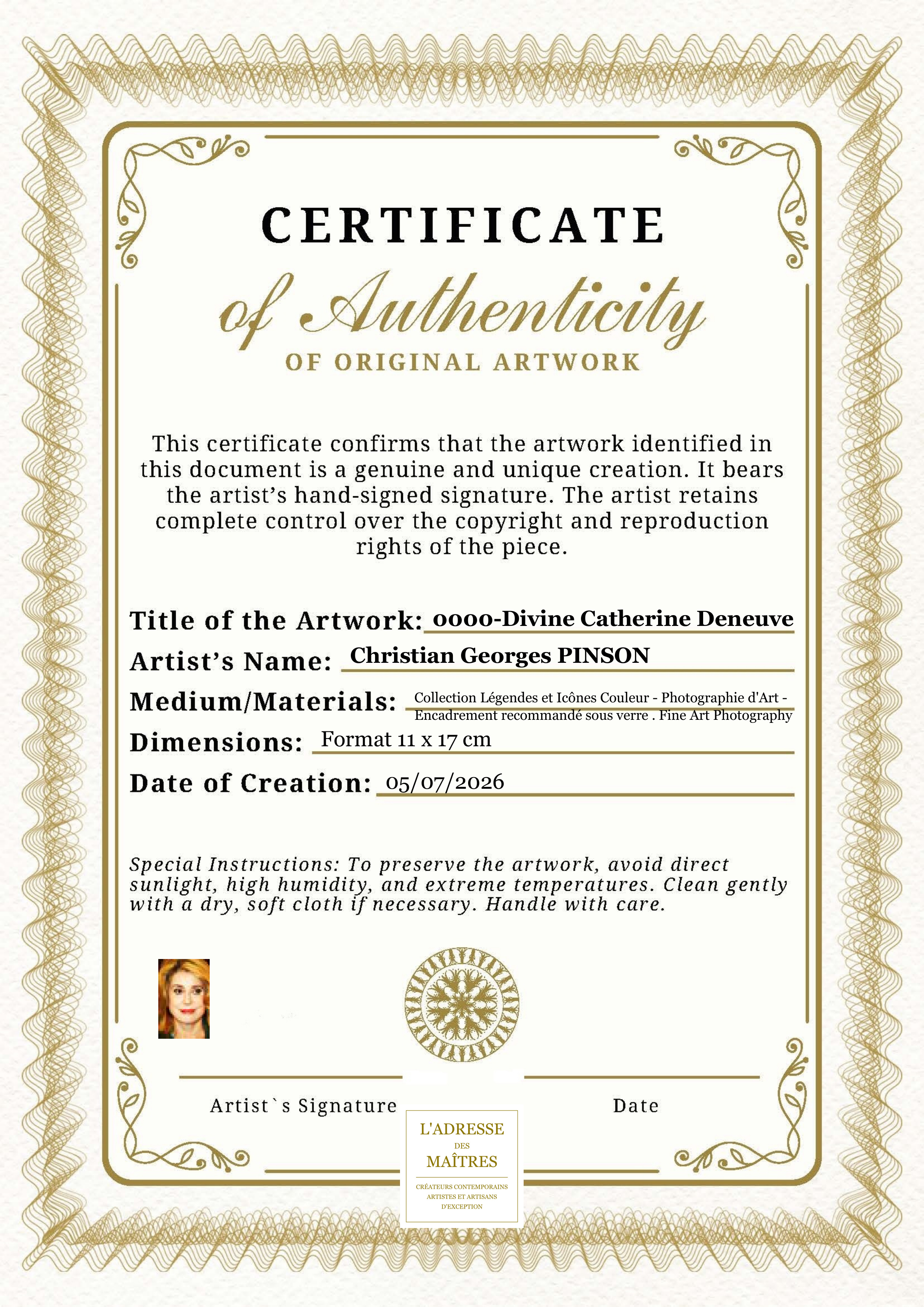 Certificat d'authenticité — 0000-Divine Catherine Deneuve — Christian Georges PINSON