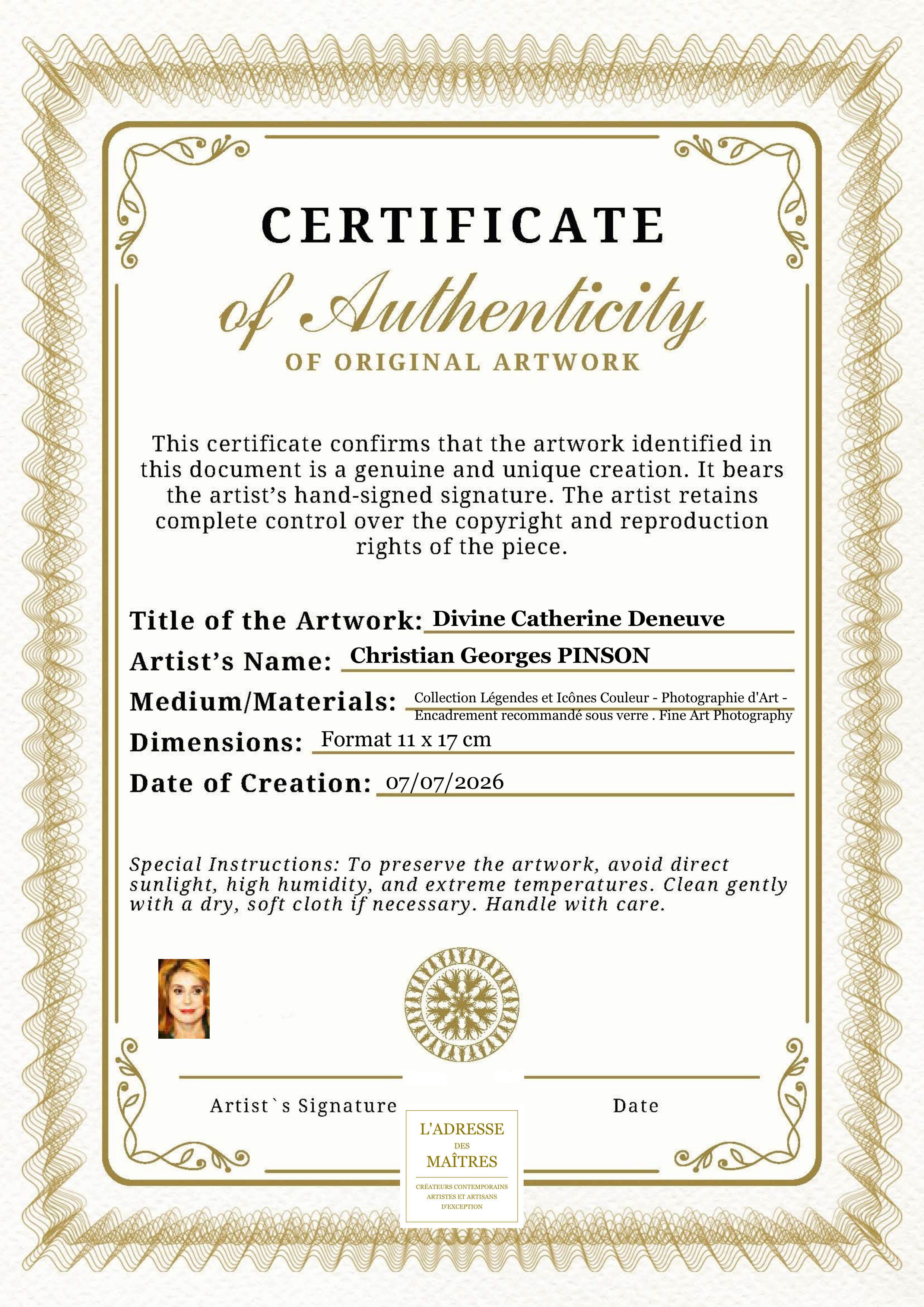 Certificat d'authenticité — Divine Catherine Deneuve — Christian Georges PINSON