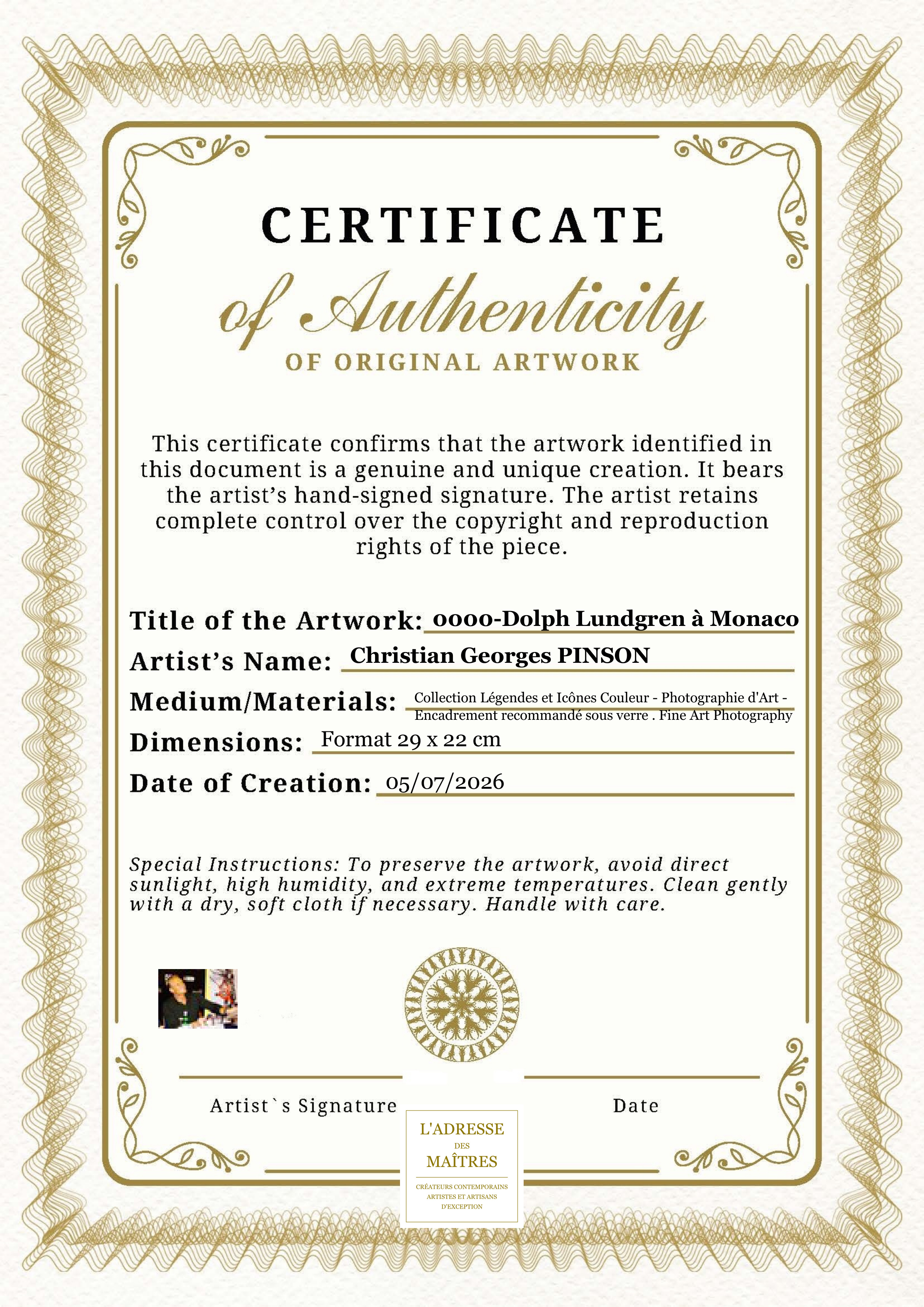 Certificat d'authenticité — 0000-Dolph Lundgren à Monaco — Christian Georges PINSON