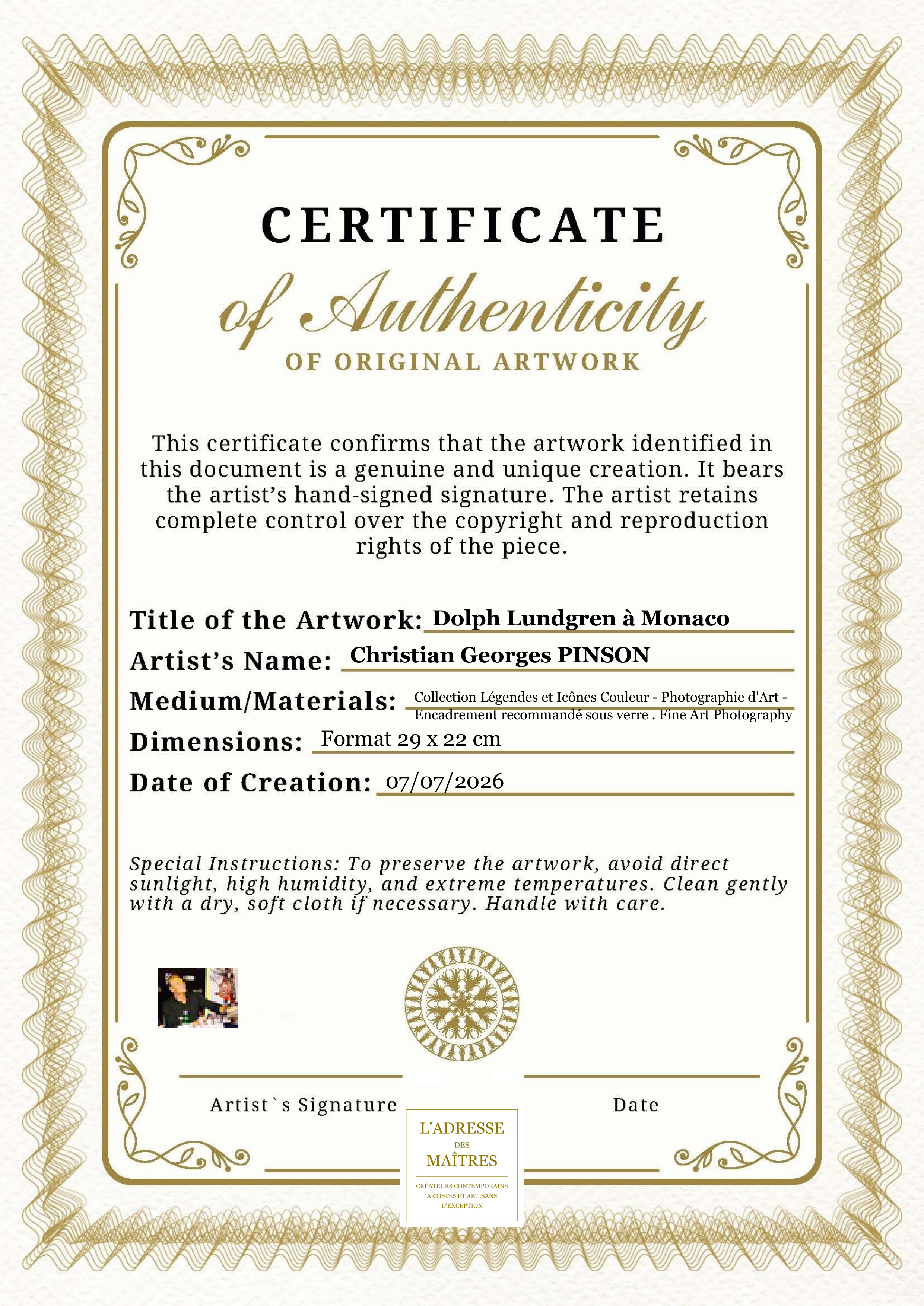 Certificat d'authenticité — Dolph Lundgren à Monaco — Christian Georges PINSON