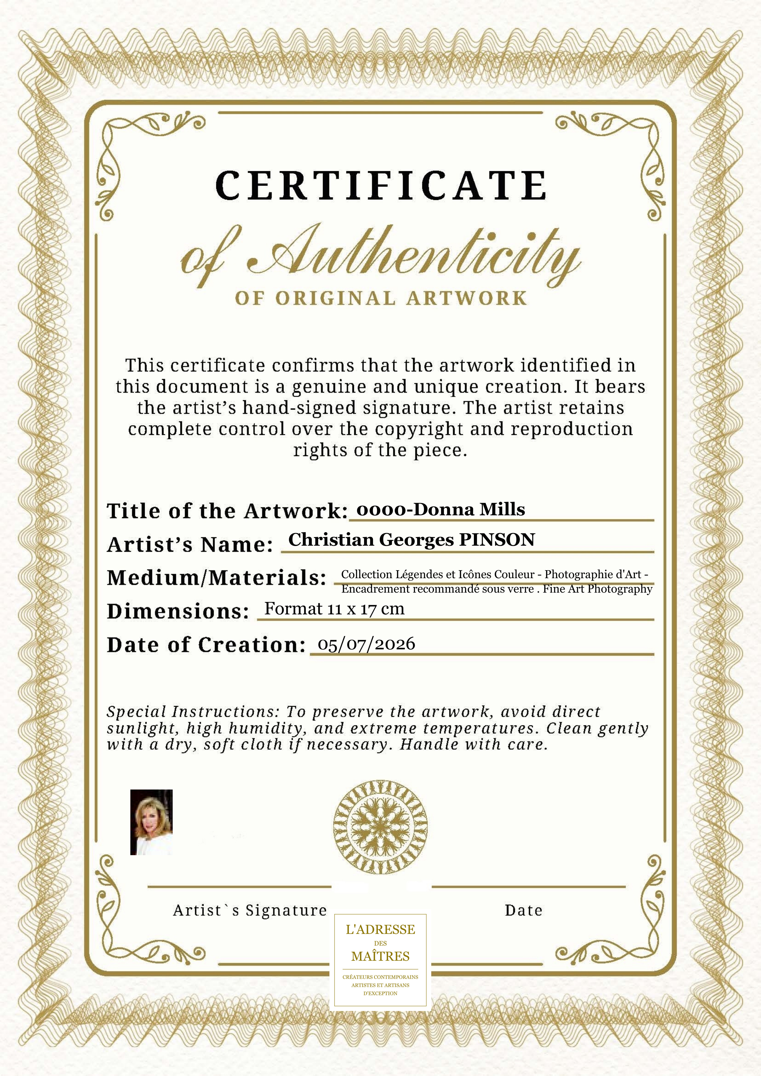 Certificat d'authenticité — 0000-Donna Mills — Christian Georges PINSON