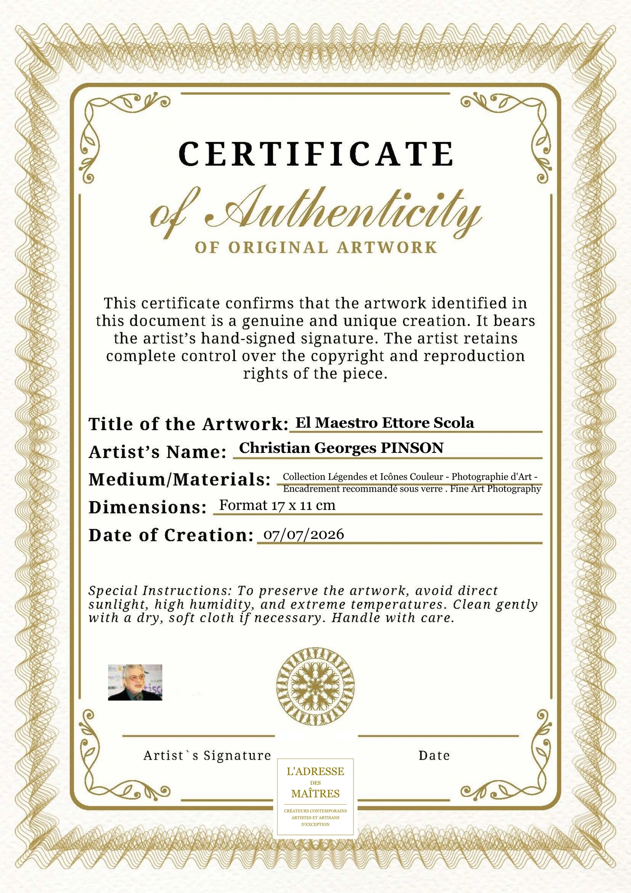 Certificat d'authenticité - El Maestro Ettore Scola - Christian Georges PINSON