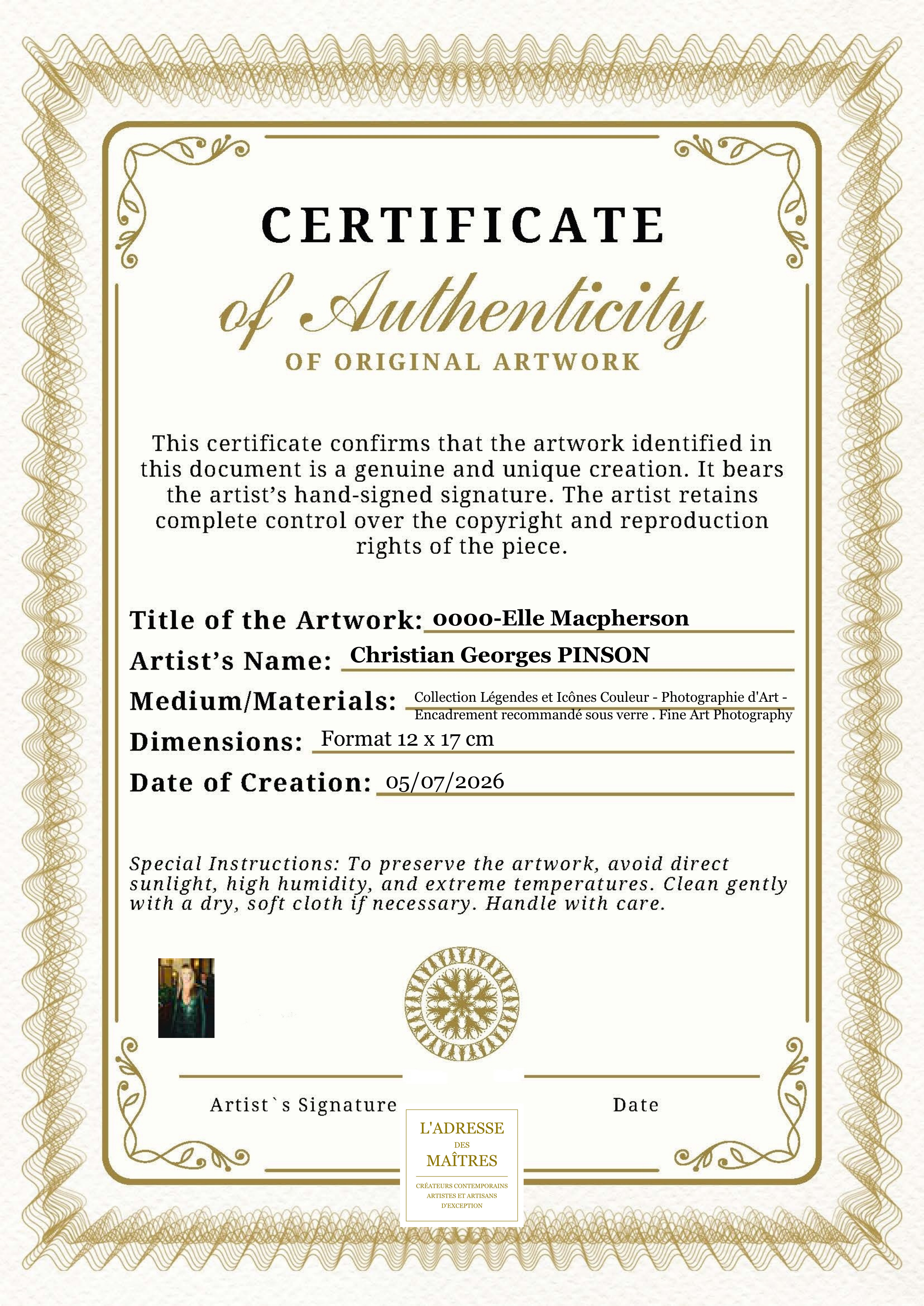 Certificat d'authenticité — 0000-Elle Macpherson — Christian Georges PINSON