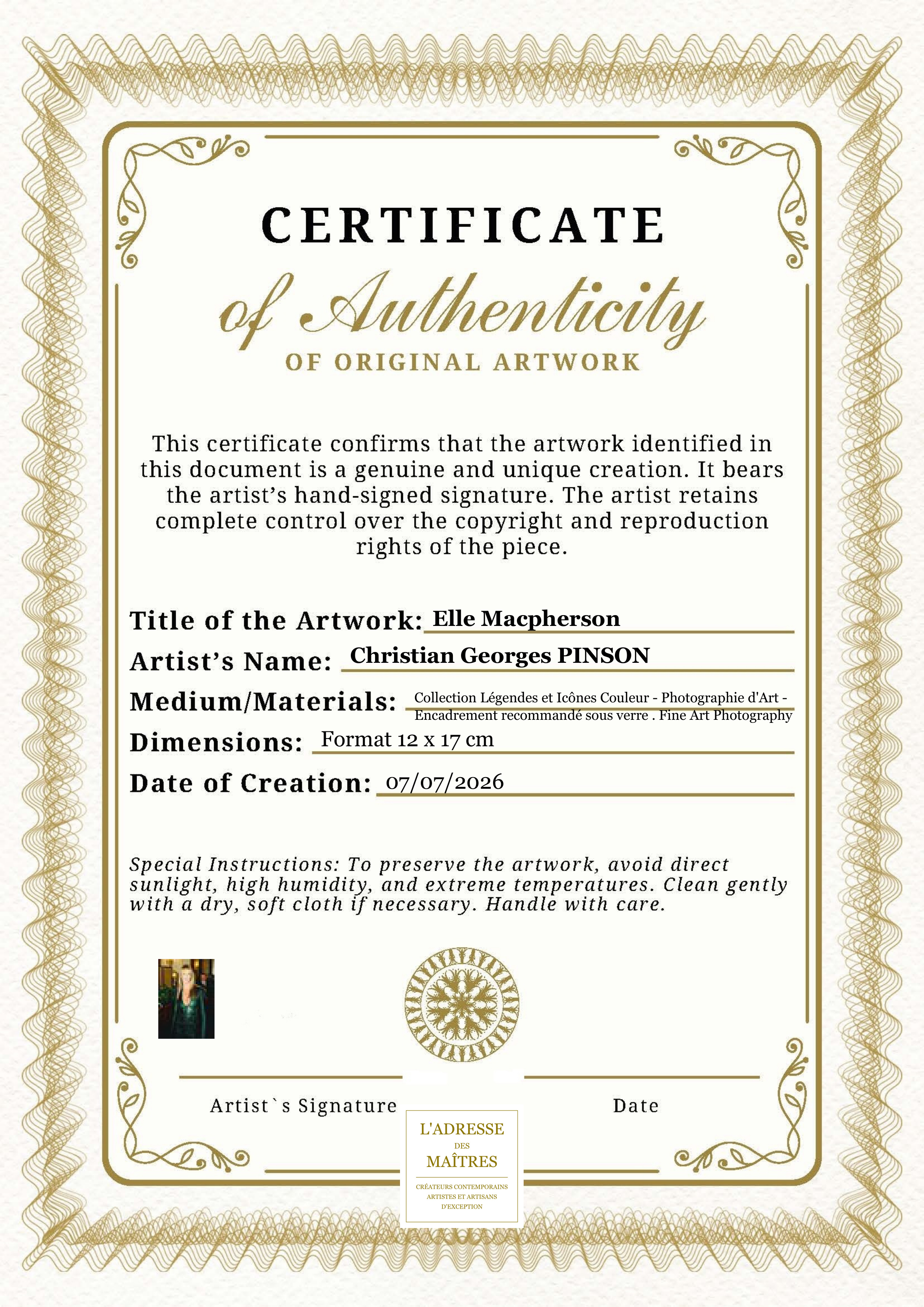 Certificat d'authenticité — Elle Macpherson — Christian Georges PINSON