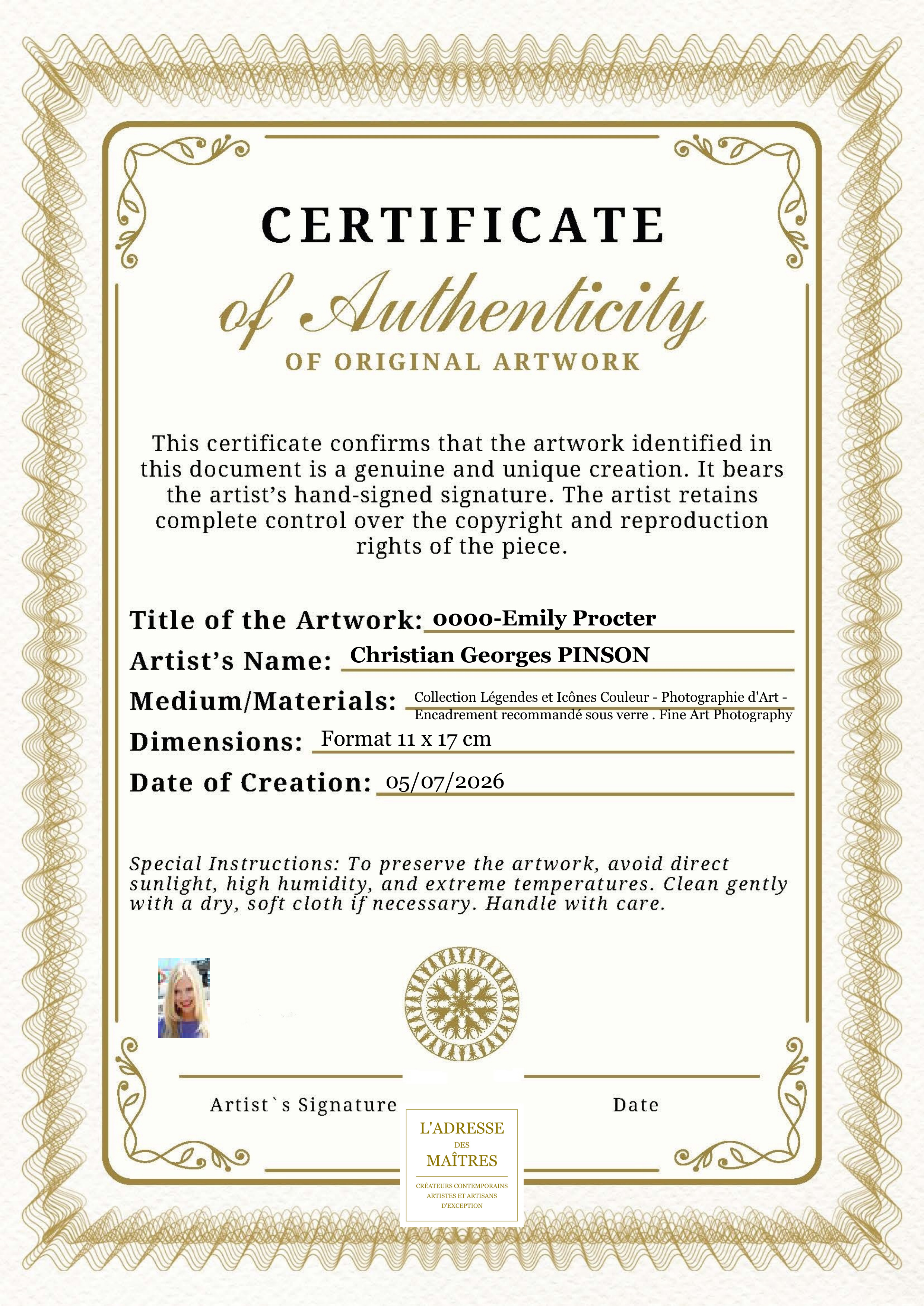 Certificat d'authenticité — 0000-Emily Procter — Christian Georges PINSON