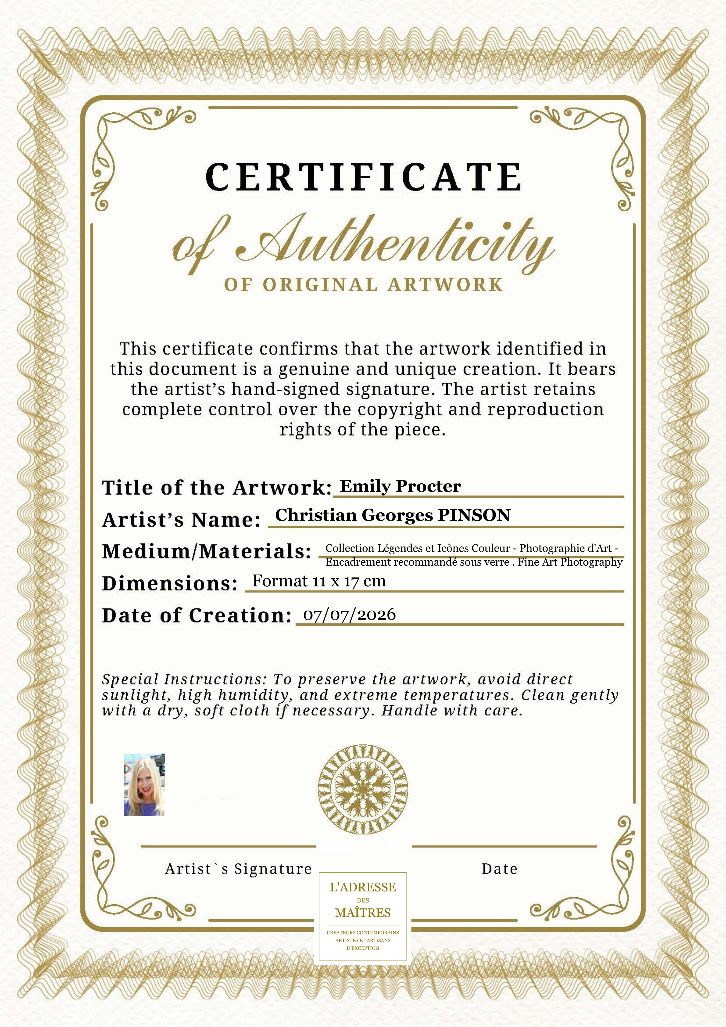 Certificat d'authenticité — Emily Procter — Christian Georges PINSON
