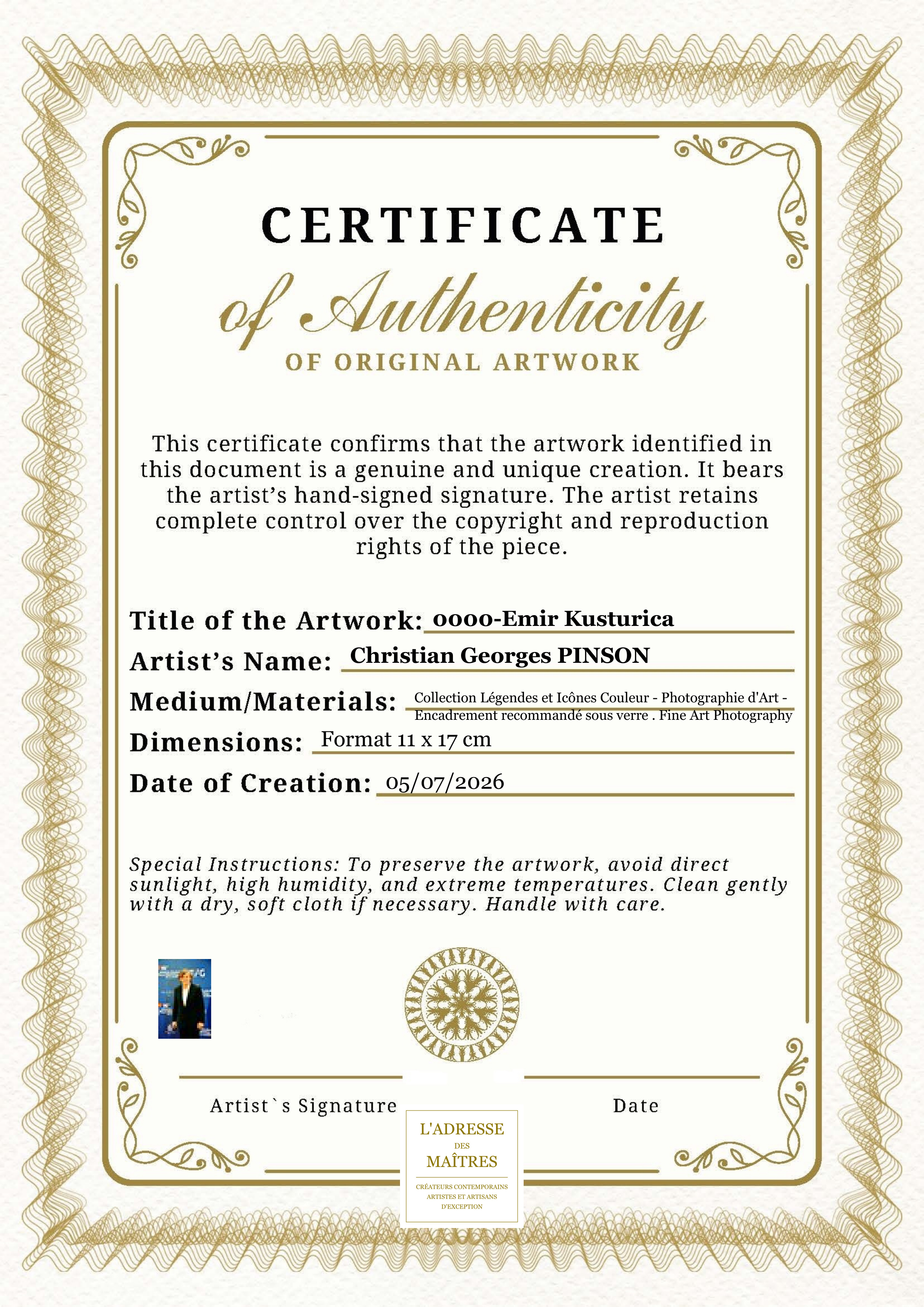 Certificat d'authenticité — 0000-Emir Kusturica — Christian Georges PINSON