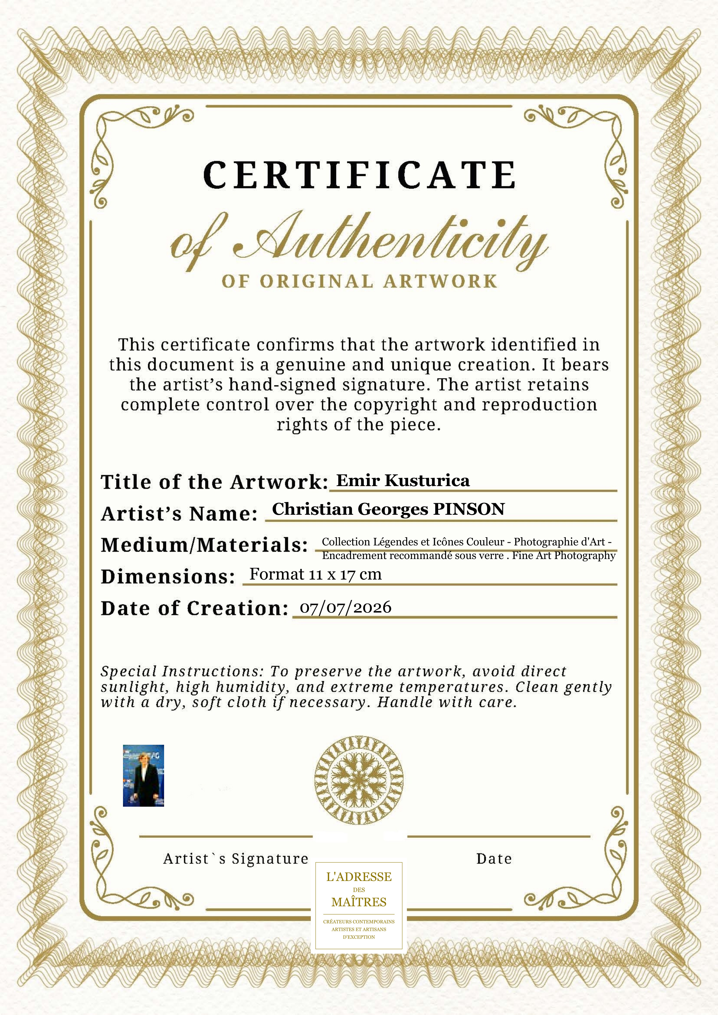 Certificat d'authenticité — Emir Kusturica — Christian Georges PINSON