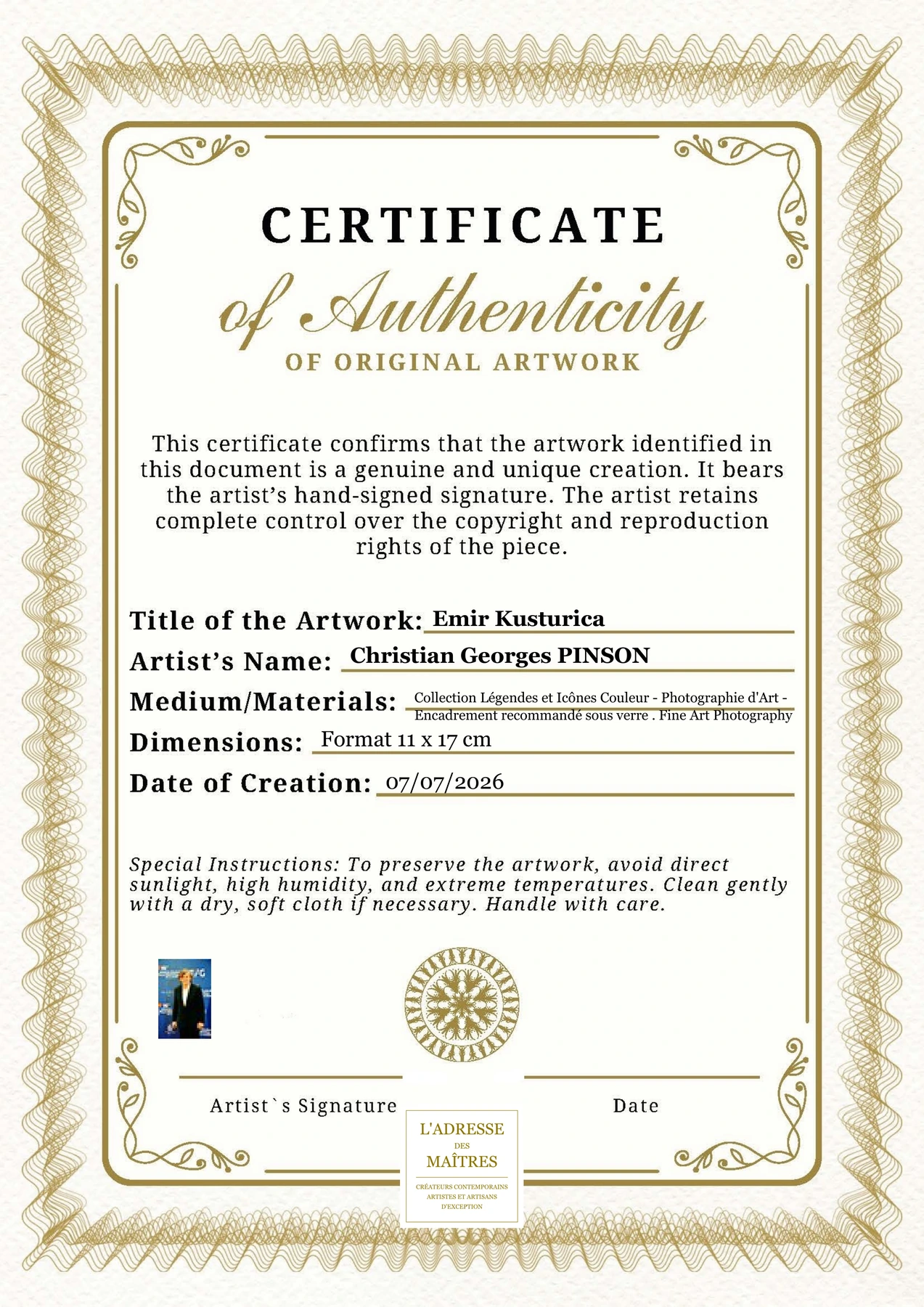 Certificat d'authenticité - Emir Kusturica - Christian Georges PINSON