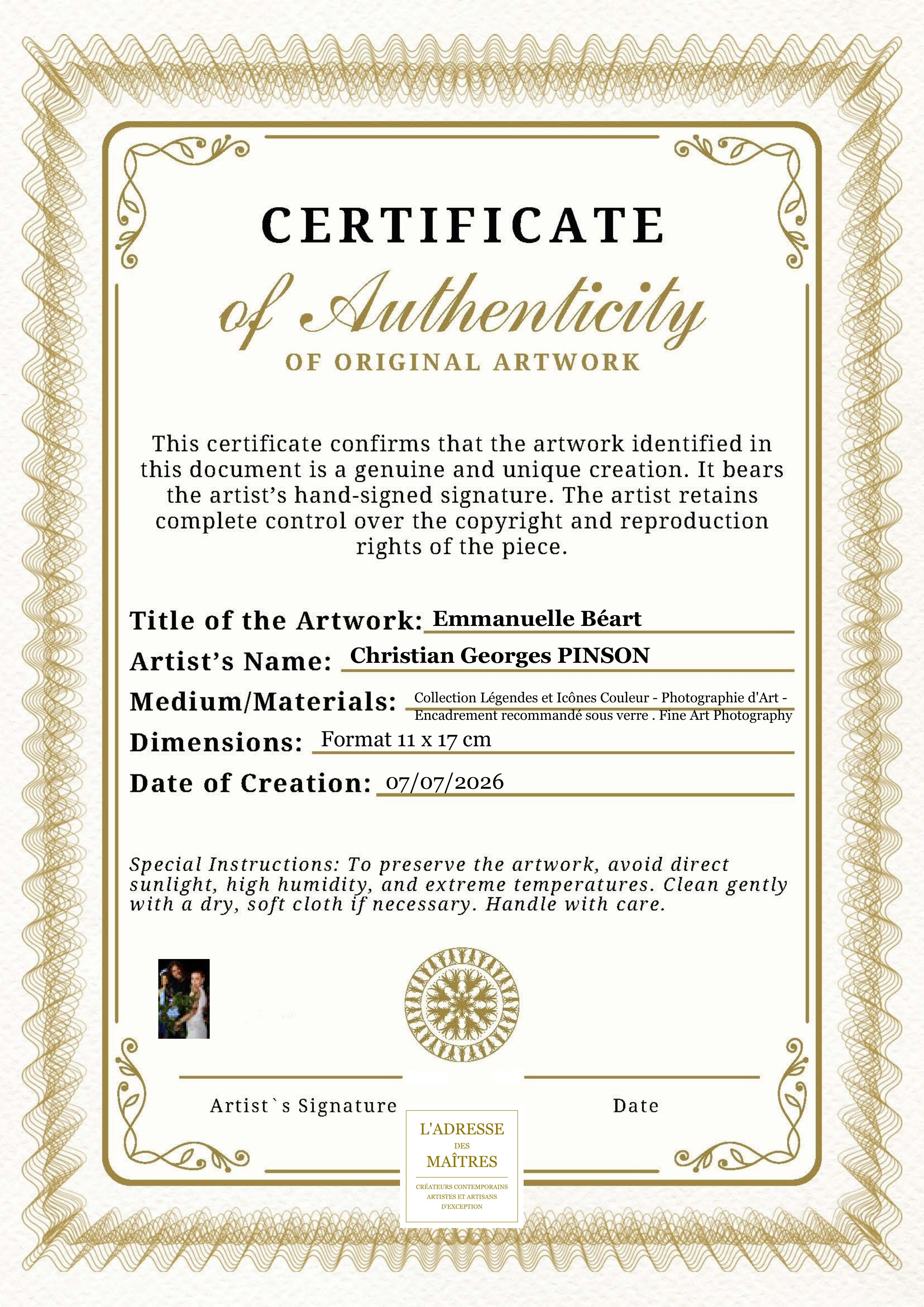 Certificat d'authenticité — Emmanuelle Béart — Christian Georges PINSON