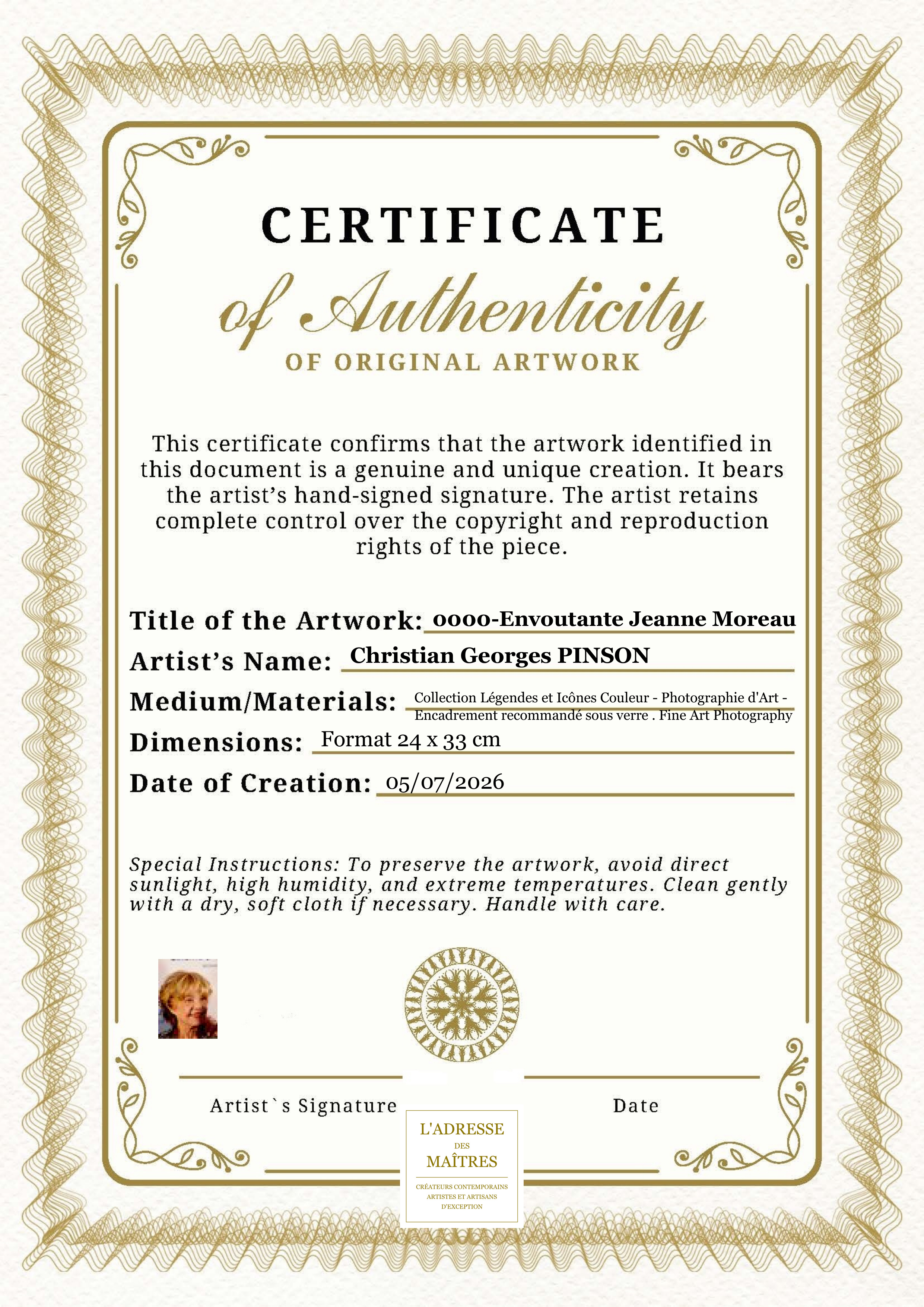 Certificat d'authenticité — 0000-Envoutante Jeanne Moreau — Christian Georges PINSON