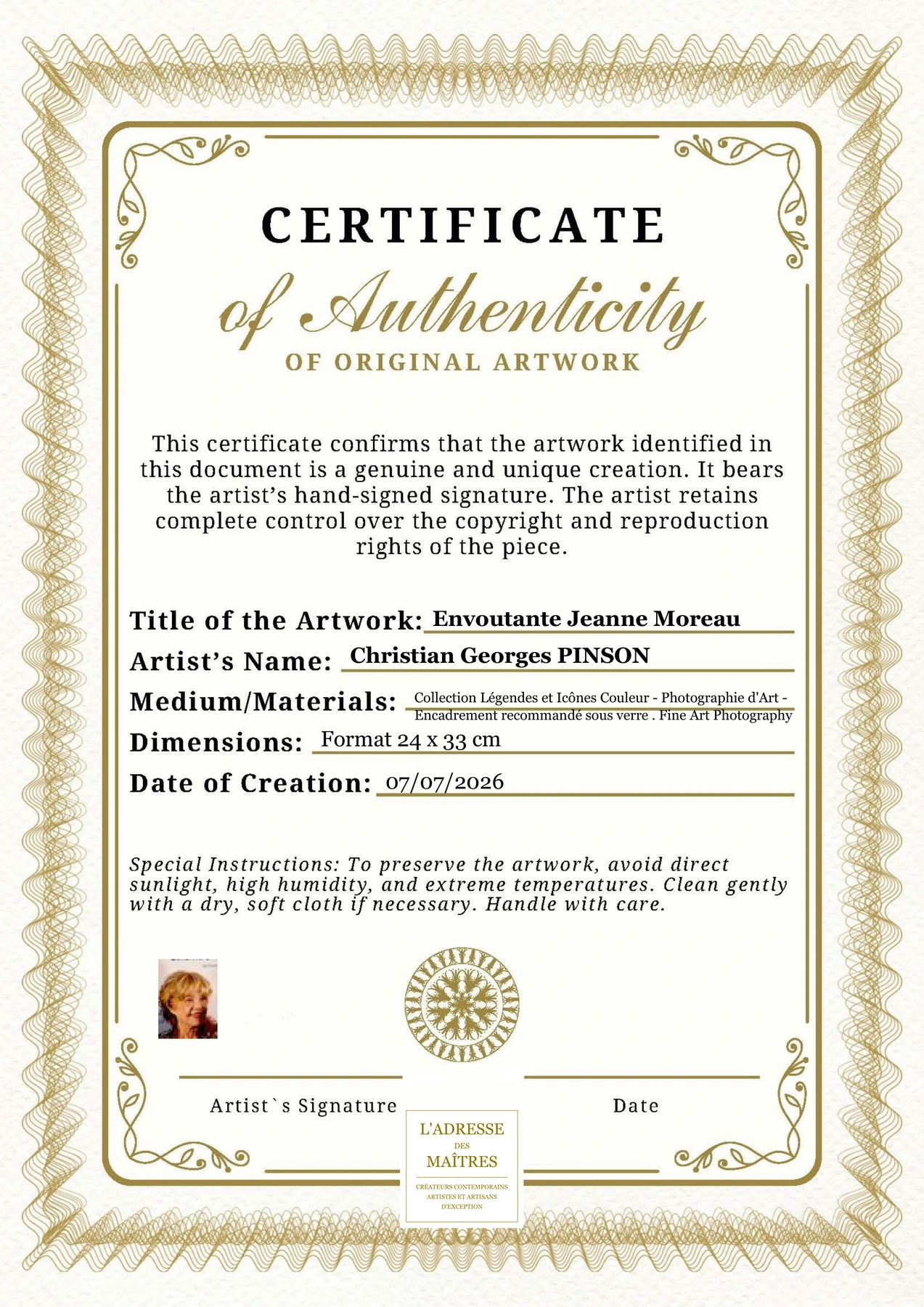 Certificat d'authenticité - Envoutante Jeanne Moreau - Christian Georges PINSON