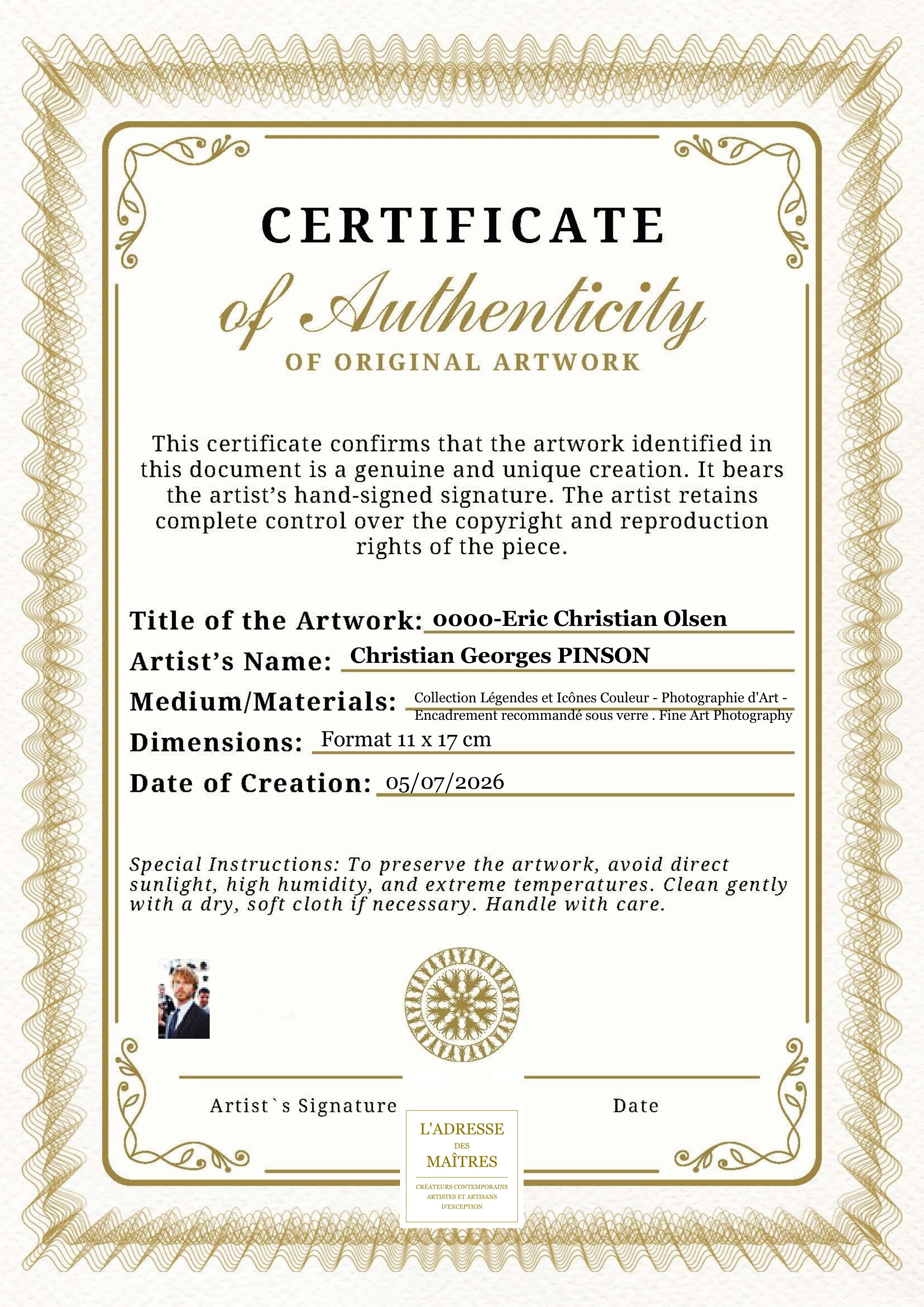 Certificat d'authenticité — 0000-Eric Christian Olsen — Christian Georges PINSON