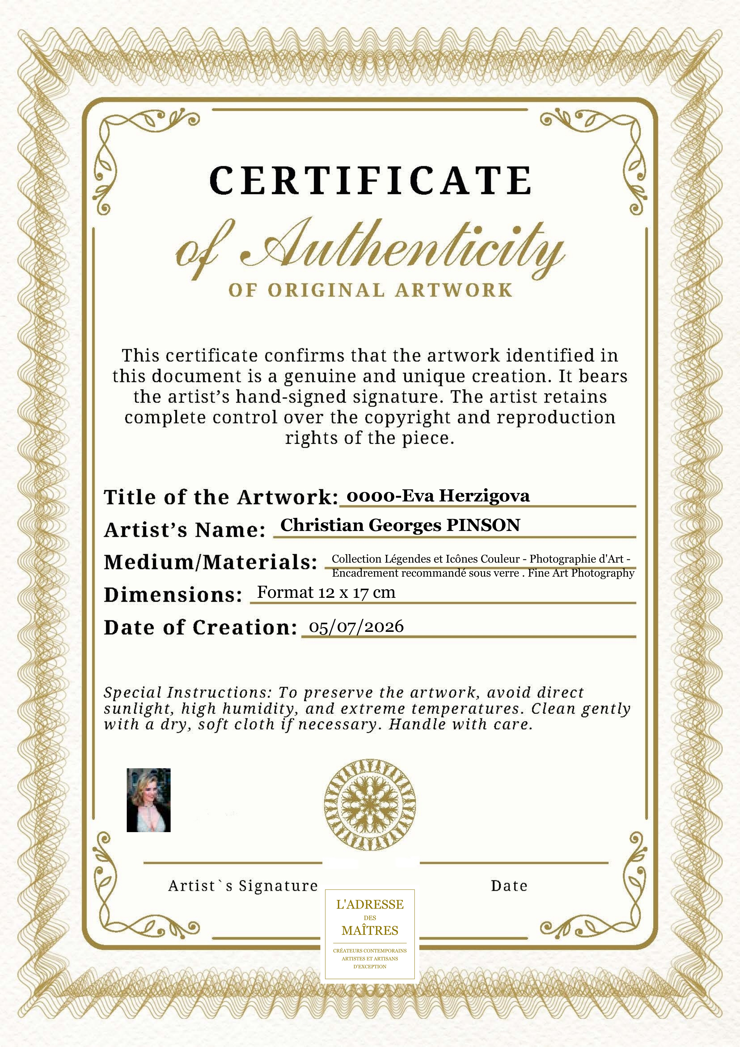 Certificat d'authenticité — 0000-Eva Herzigova — Christian Georges PINSON