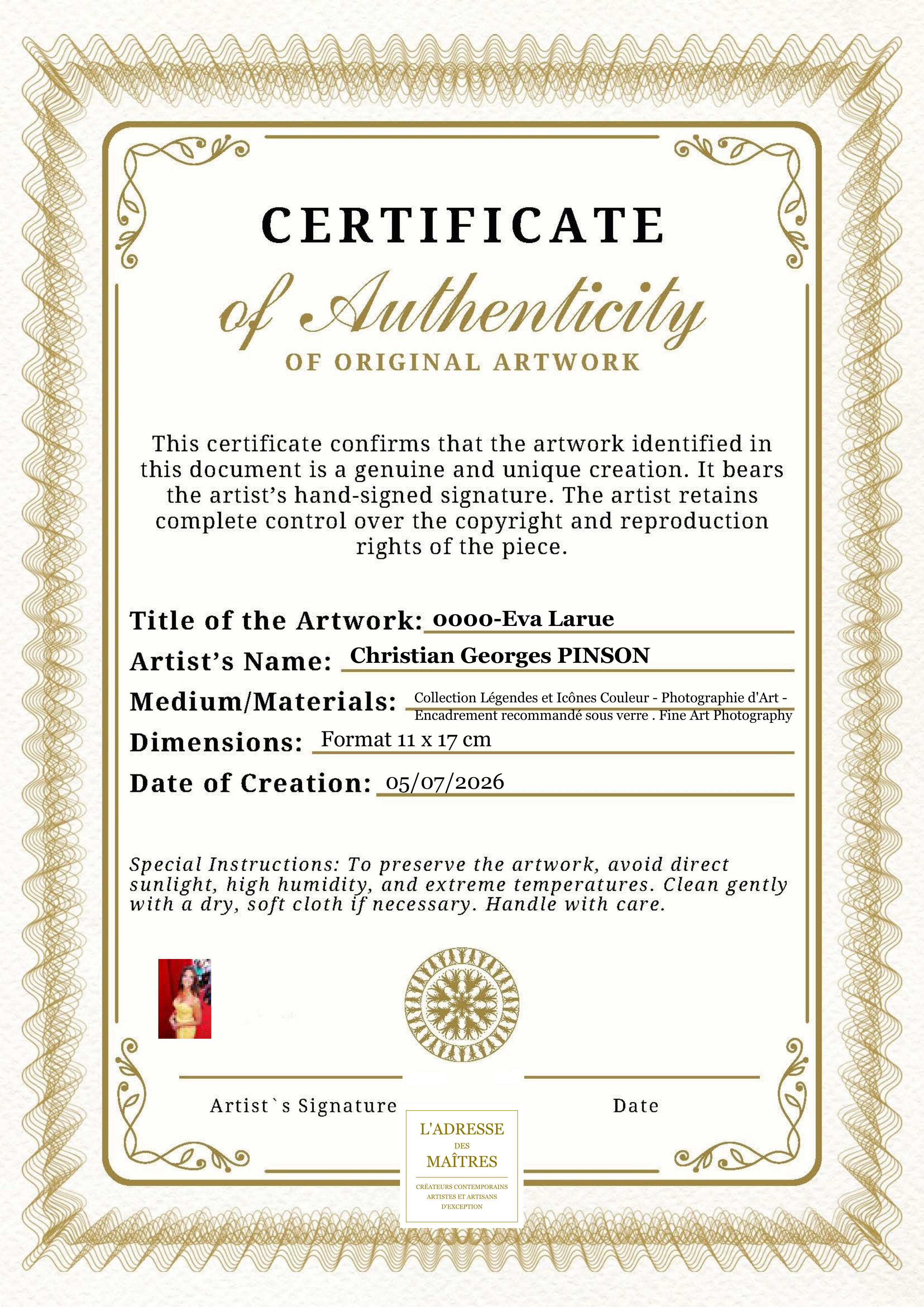 Certificat d'authenticité — 0000-Eva Larue — Christian Georges PINSON