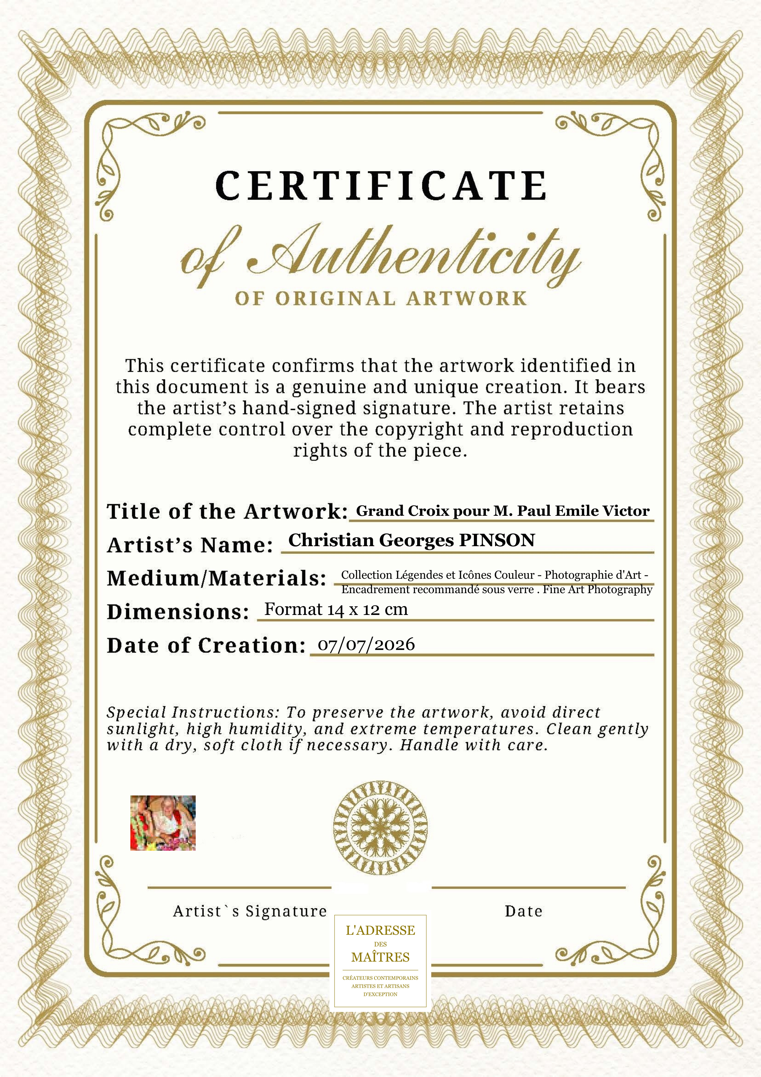 Certificat d'authenticité — Grand Croix pour M. Paul Emile Victor — Christian Georges PINSON