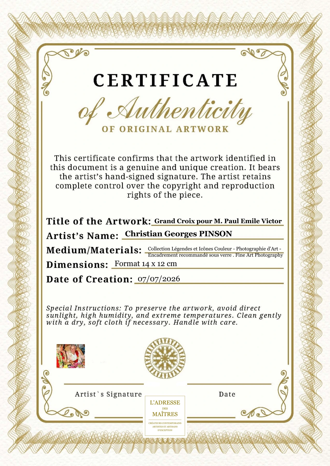 Certificat d'authenticité - Grand Croix pour M. Paul Emile Victor - Christian Georges PINSON
