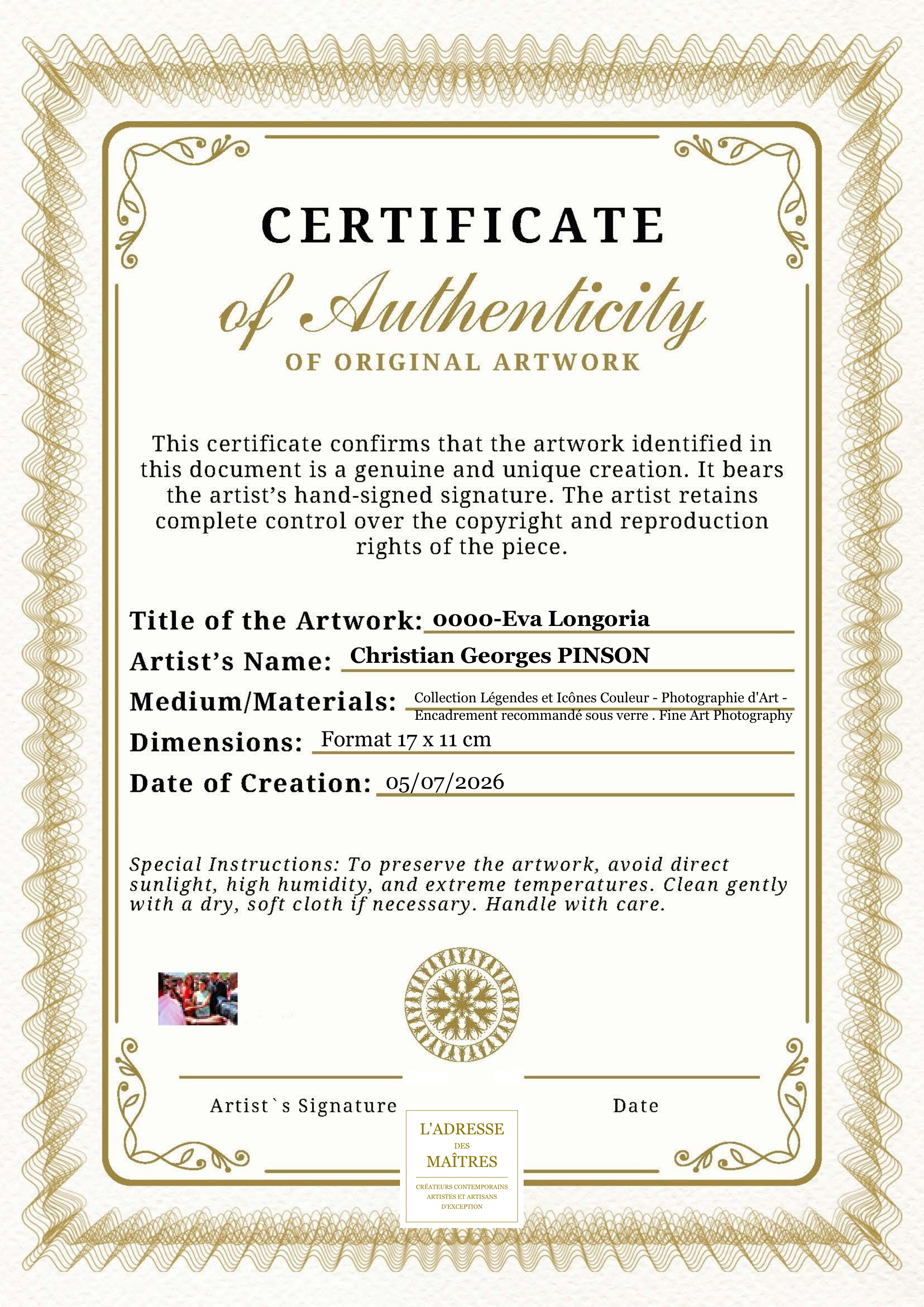 Certificat d'authenticité — 0000-Eva Longoria — Christian Georges PINSON