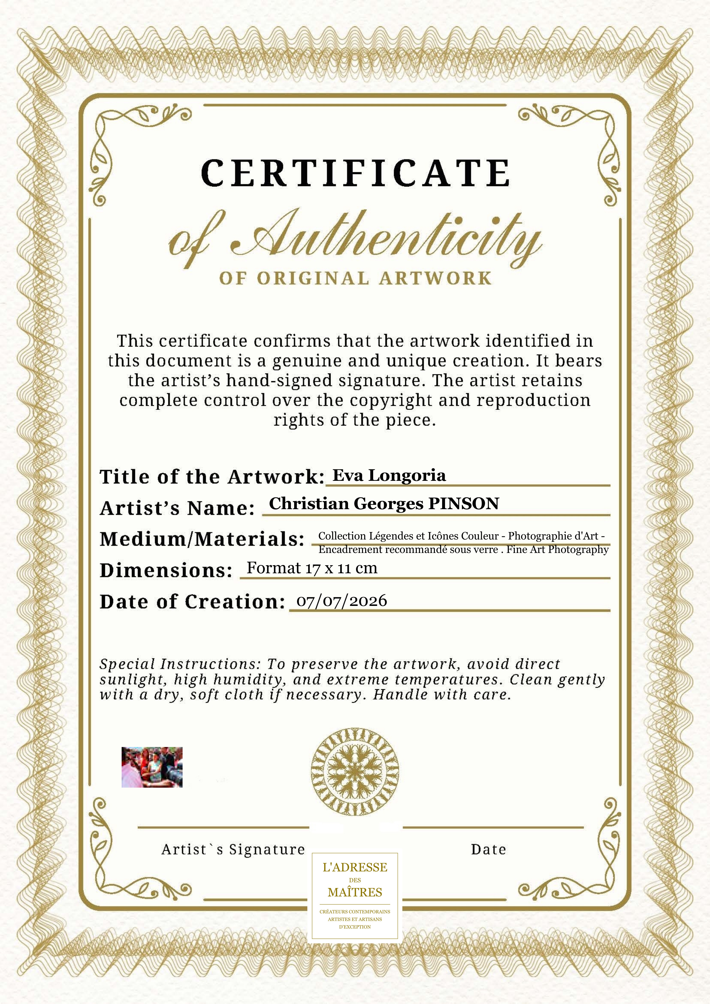 Certificat d'authenticité — Eva Longoria — Christian Georges PINSON