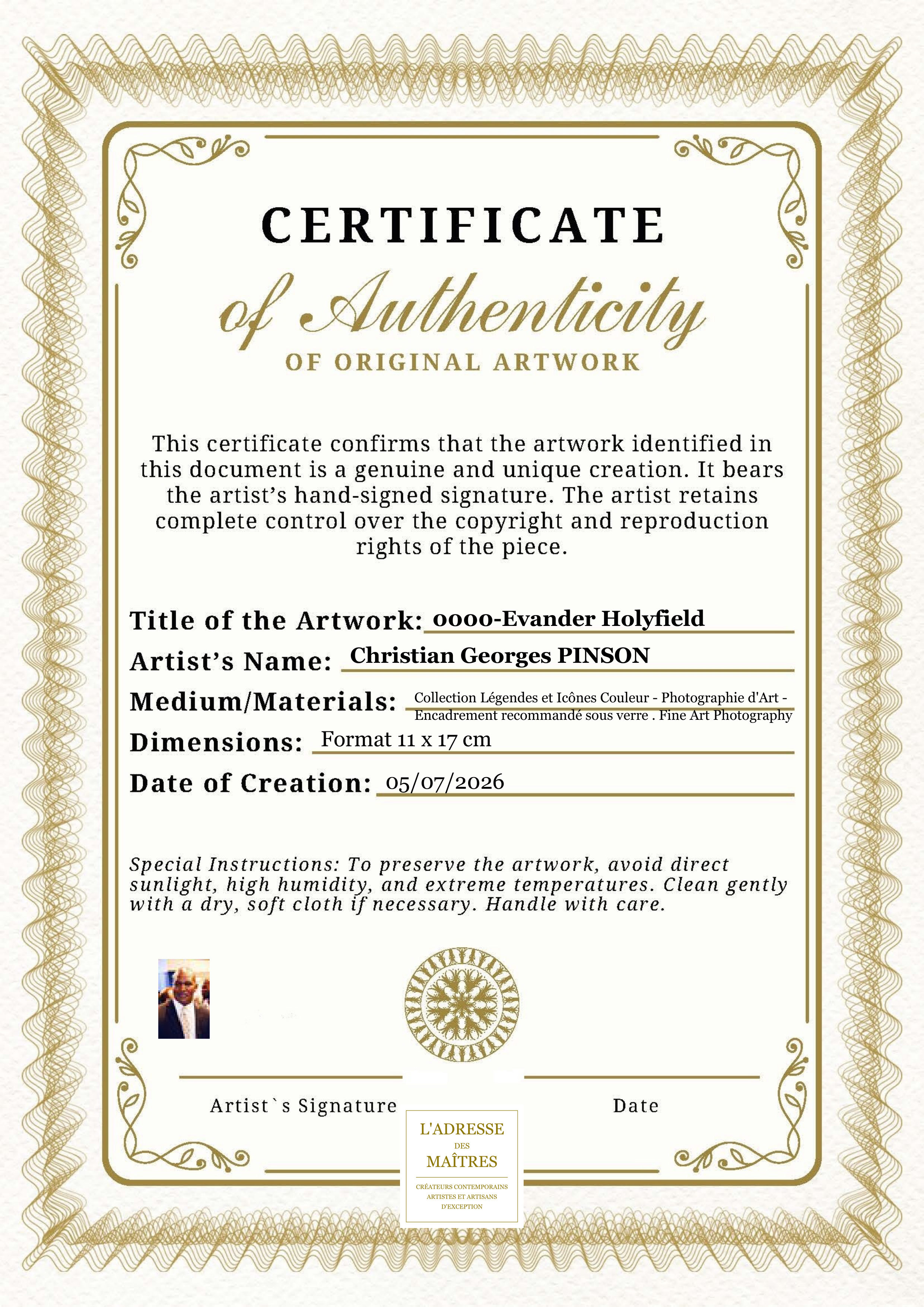 Certificat d'authenticité — 0000-Evander Holyfield — Christian Georges PINSON