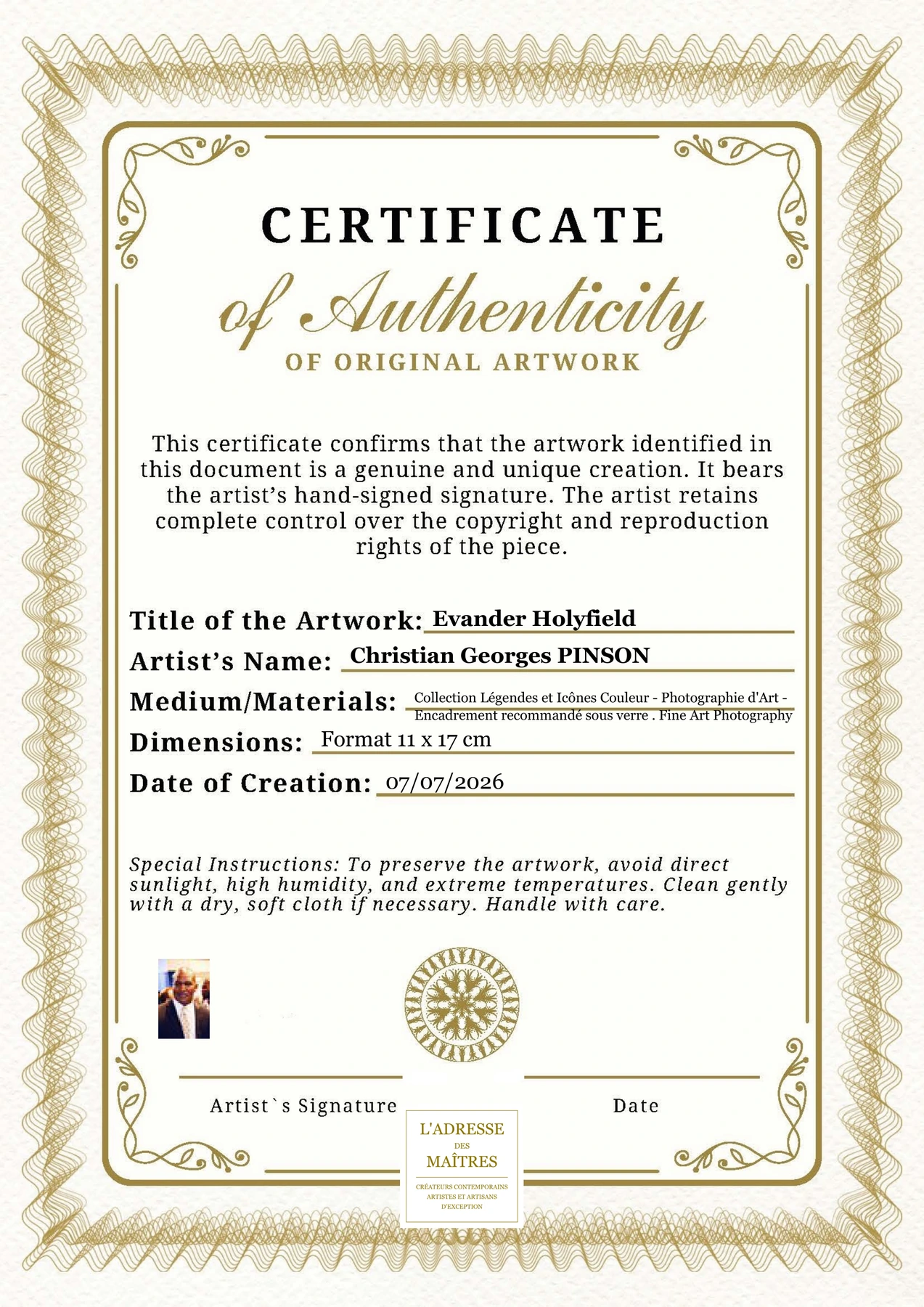 Certificat d'authenticité - Evander Holyfield - Christian Georges PINSON