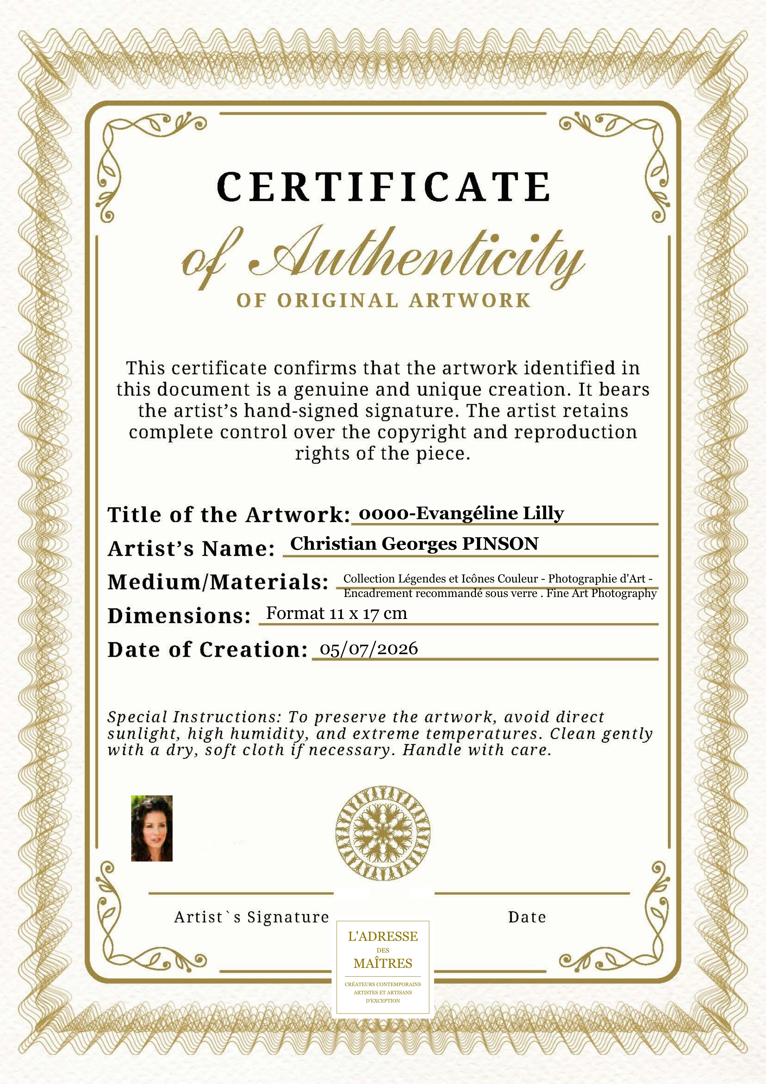 Certificat d'authenticité — 0000-Evangéline Lilly — Christian Georges PINSON