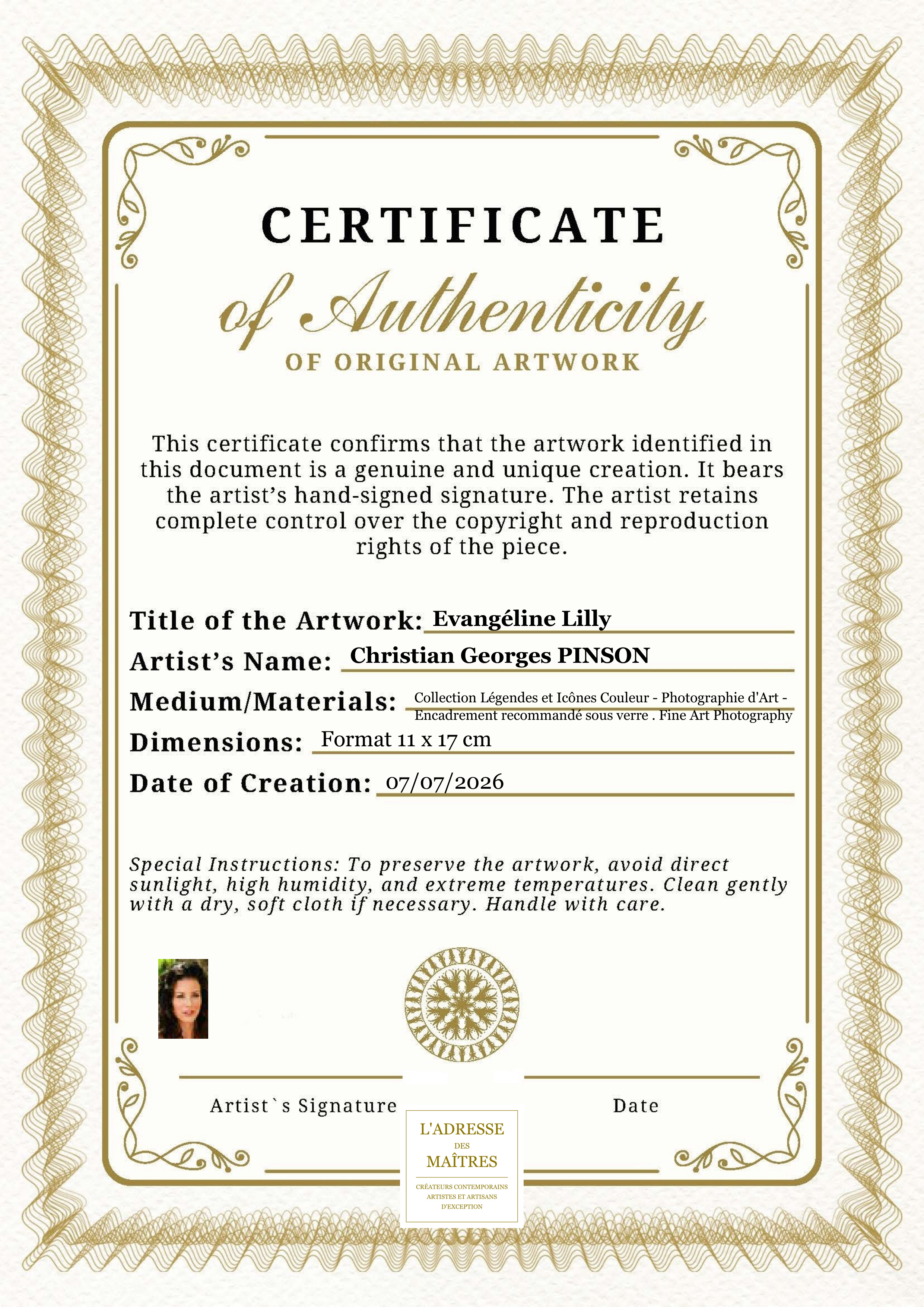 Certificat d'authenticité — Evangéline Lilly — Christian Georges PINSON