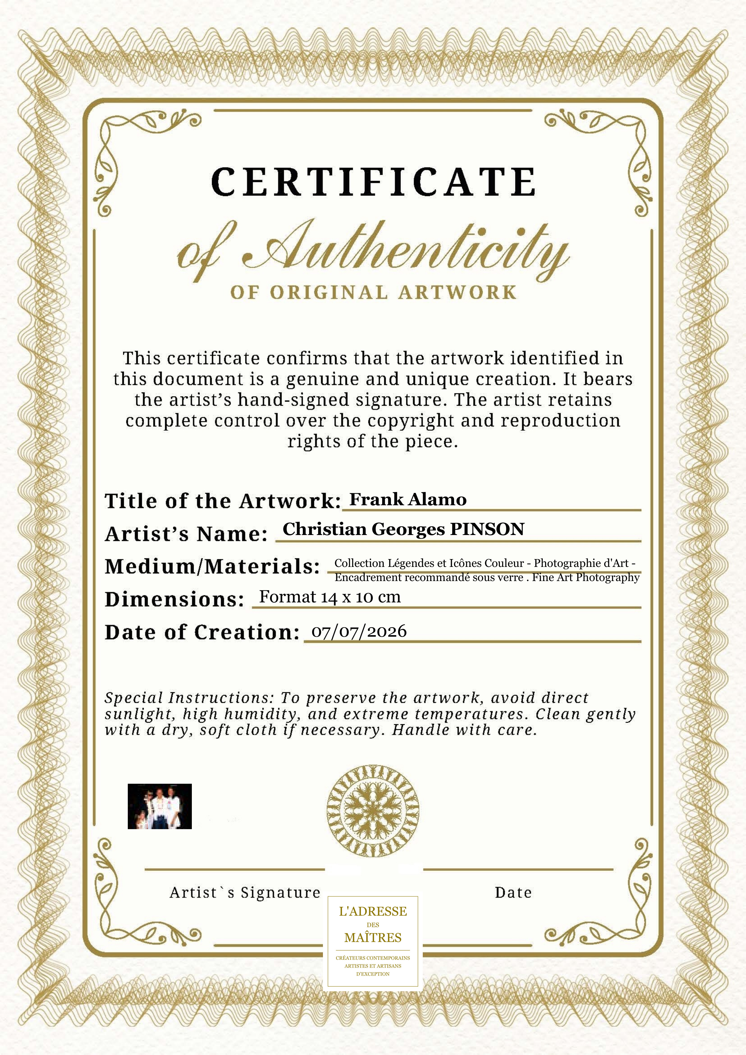 Certificat d'authenticité — Frank Alamo — Christian Georges PINSON