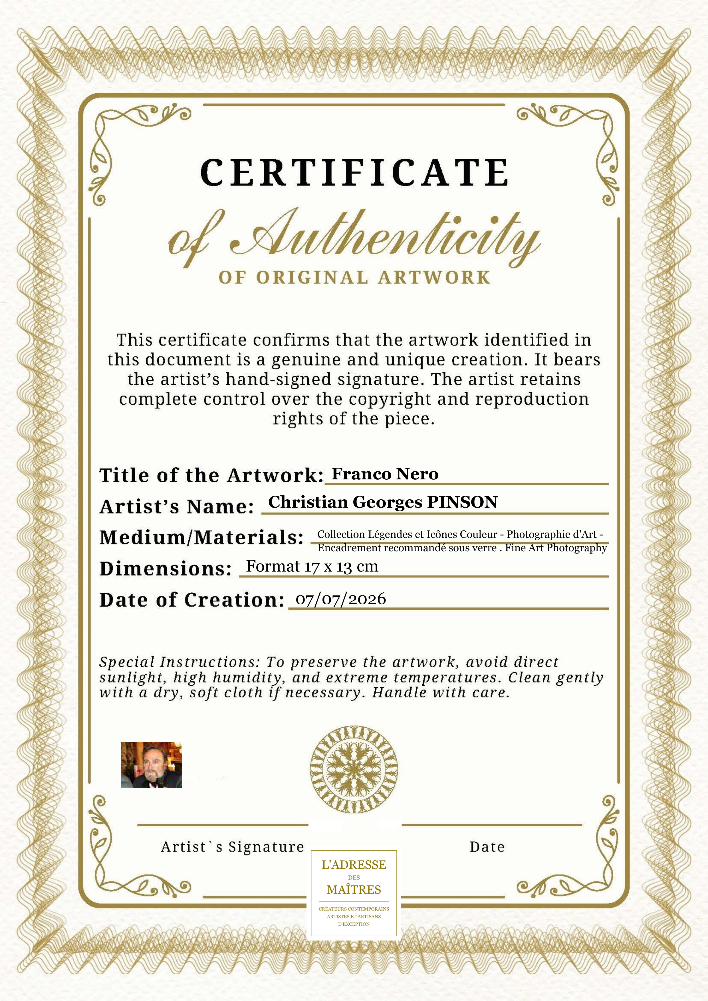 Certificat d'authenticité — Franco Nero — Christian Georges PINSON