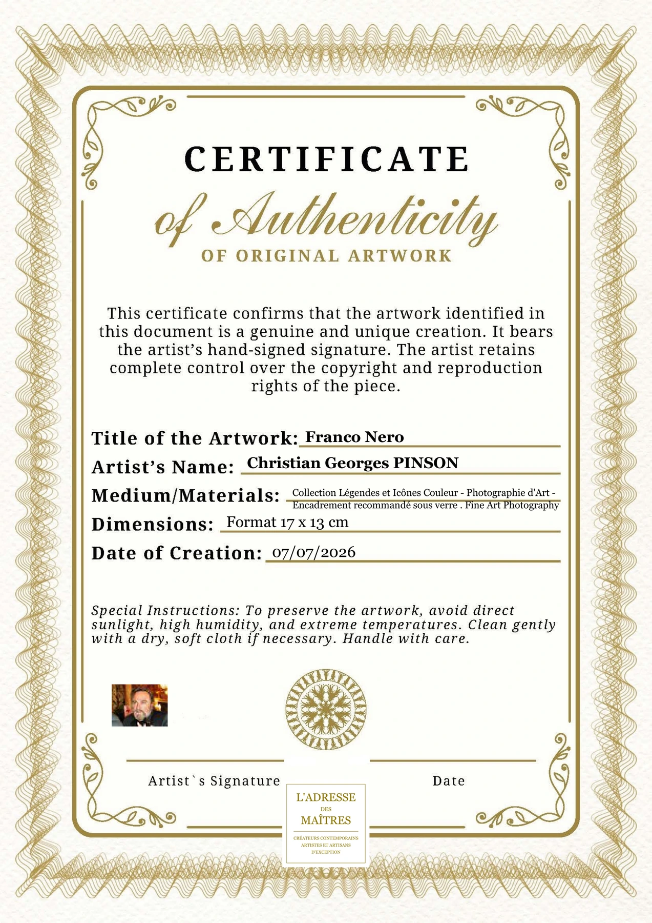 Certificat d'authenticité - Franco Nero - Christian Georges PINSON