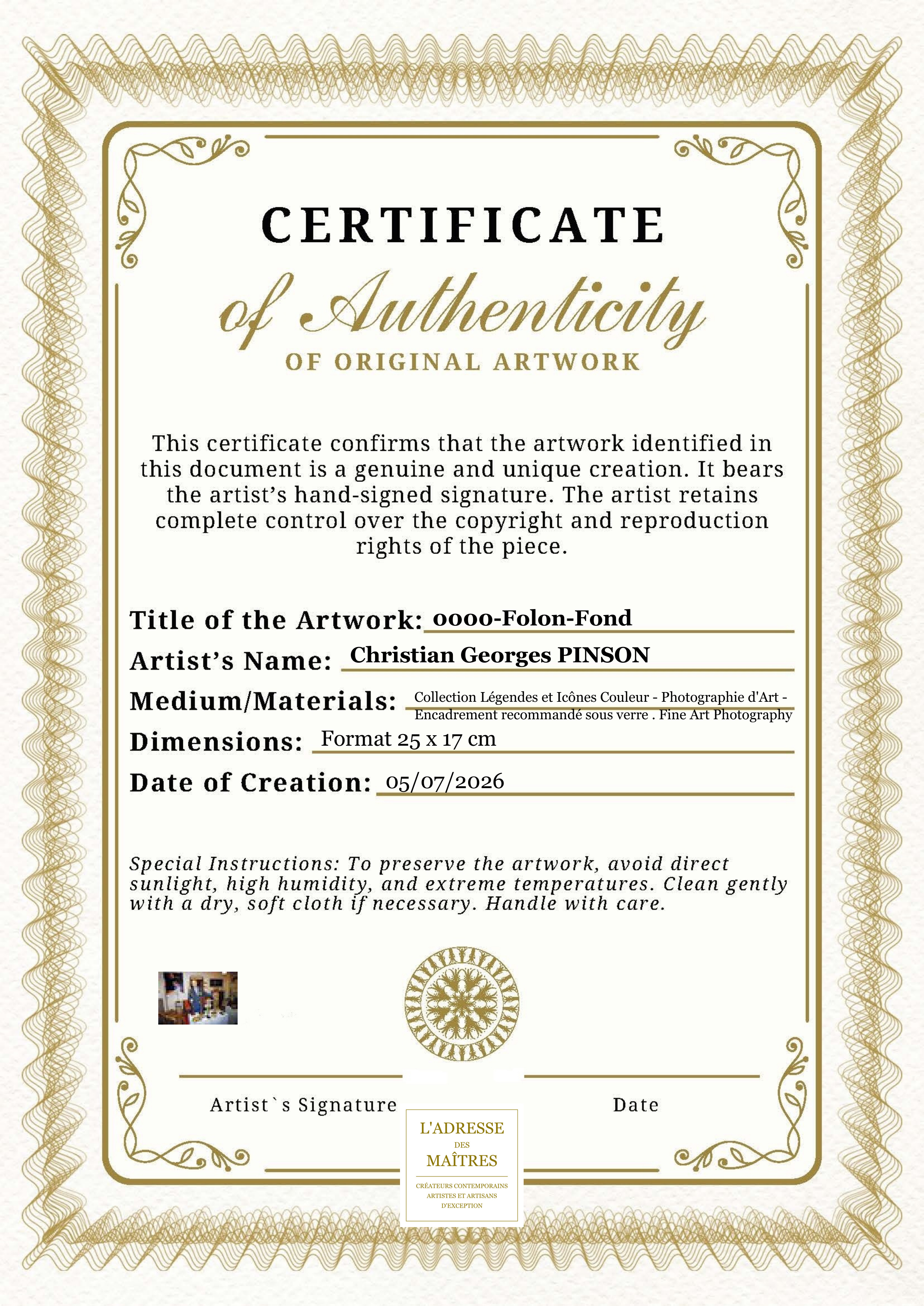 Certificat d'authenticité — 0000-Folon-Fond — Christian Georges PINSON